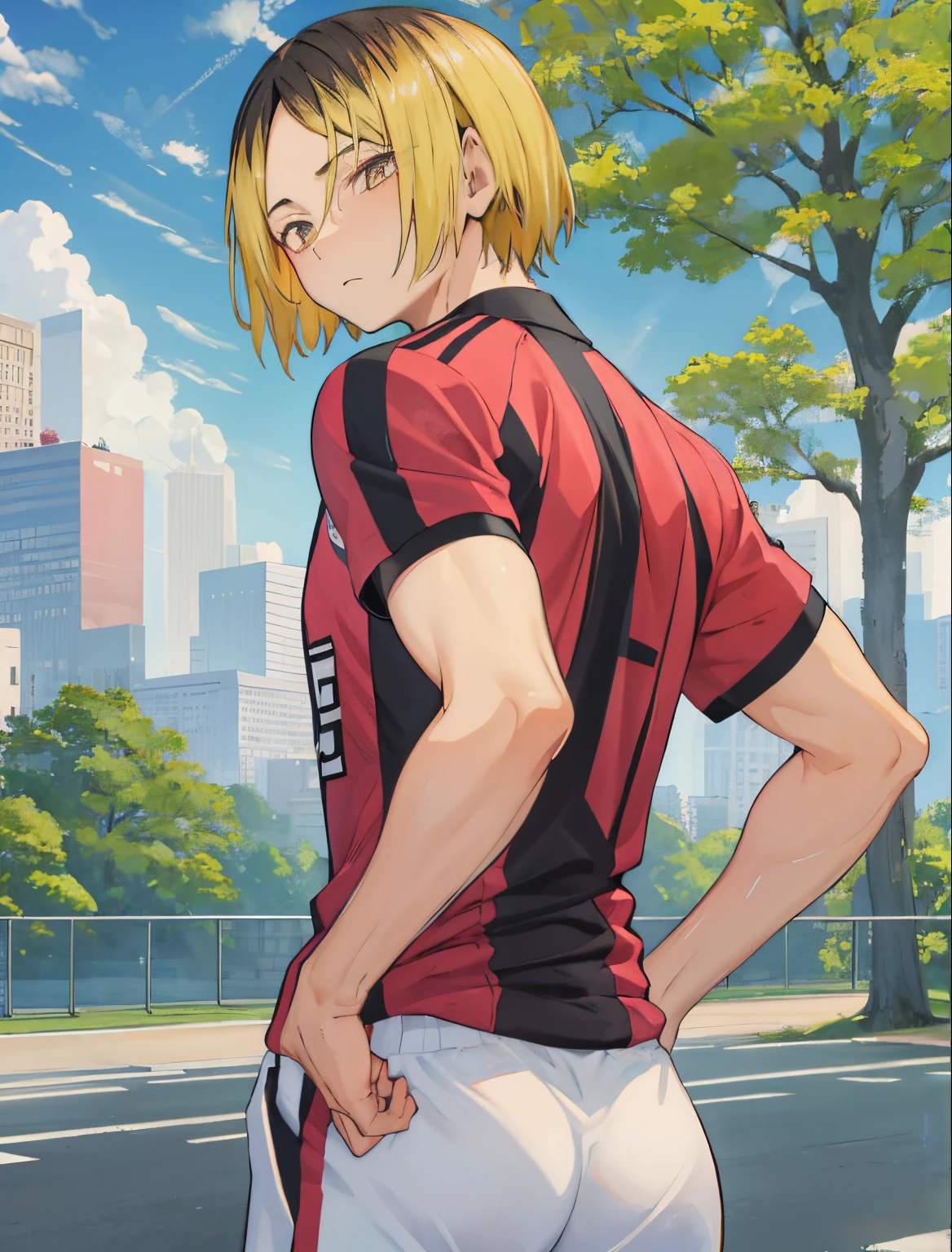 1boy, (Masterpiece, Top Quality, Best Quality), upper-body, blonde hair, black hair, multi-colored hair, forehead, (gym uniform: 1.1), 独奏, exterior, Park, Walking, blue skies, sakura trees, male focus, 8K, Negative_Hand-Neg Oji,Back, behind, Shows ass