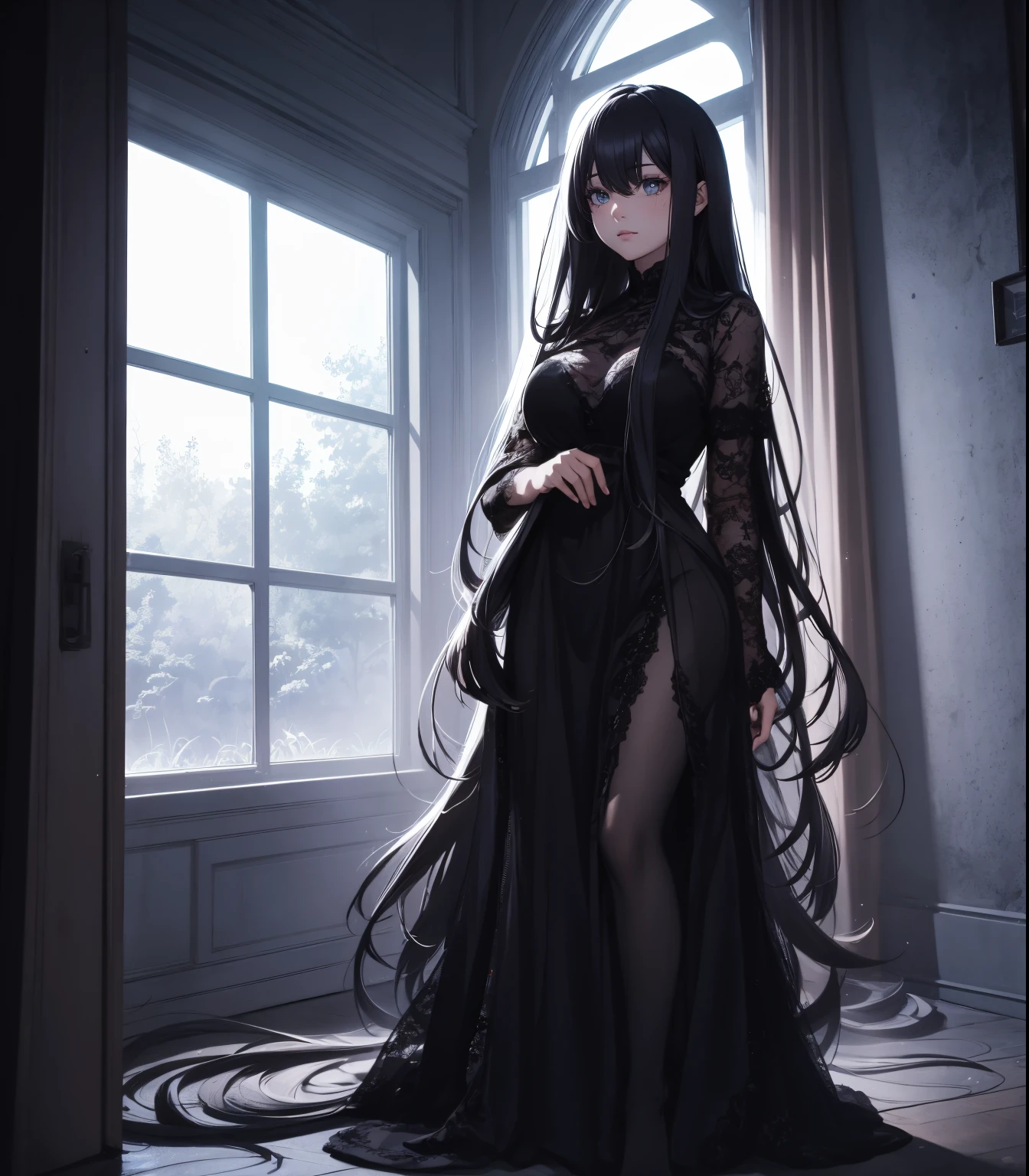 ((full body)), long hair，the night，A girl，lace black dress, deep shading，cold light，low tune，in the darkness nigth，RAW photogr，best qualtiy，tmasterpiece，Ultra-high resolution，Realistic1.5