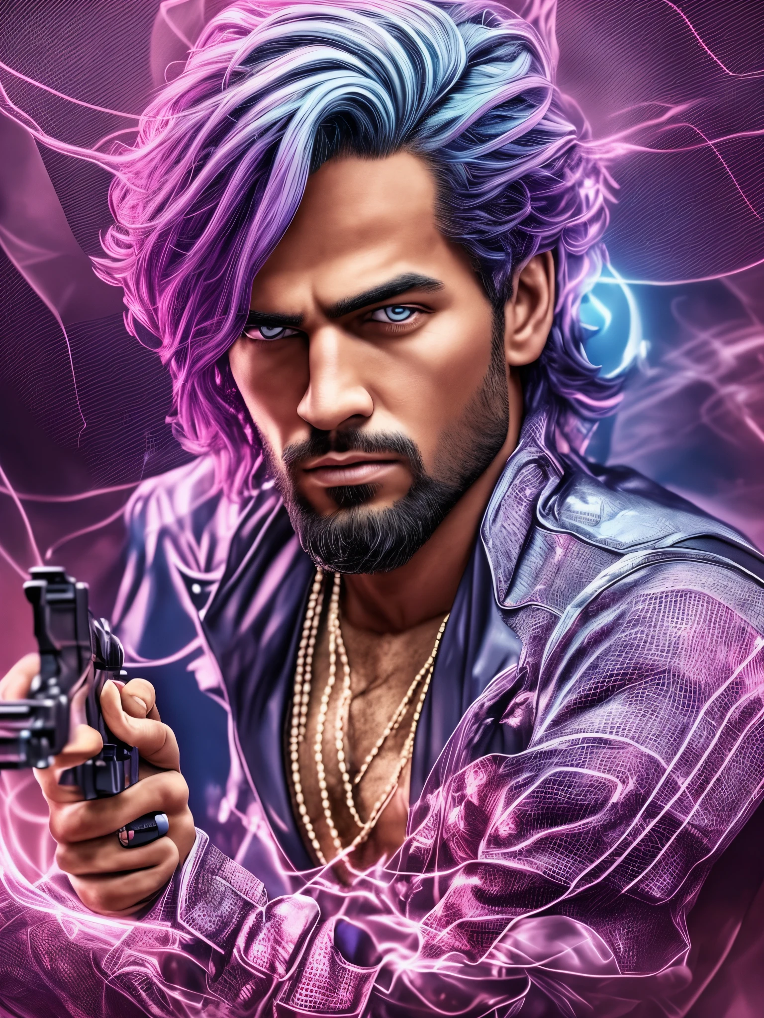 a man with a purple balas outfit and purple hair, white man, in the ballas ghetto, holding a rifle, (extremely detailed face and body), vibrant colors, (portrait), purple color tone, next to a silvia car purple, with oxy drugs nearby with dramatic light, best quality, ultra-detailed, high), realistic --auto --s2