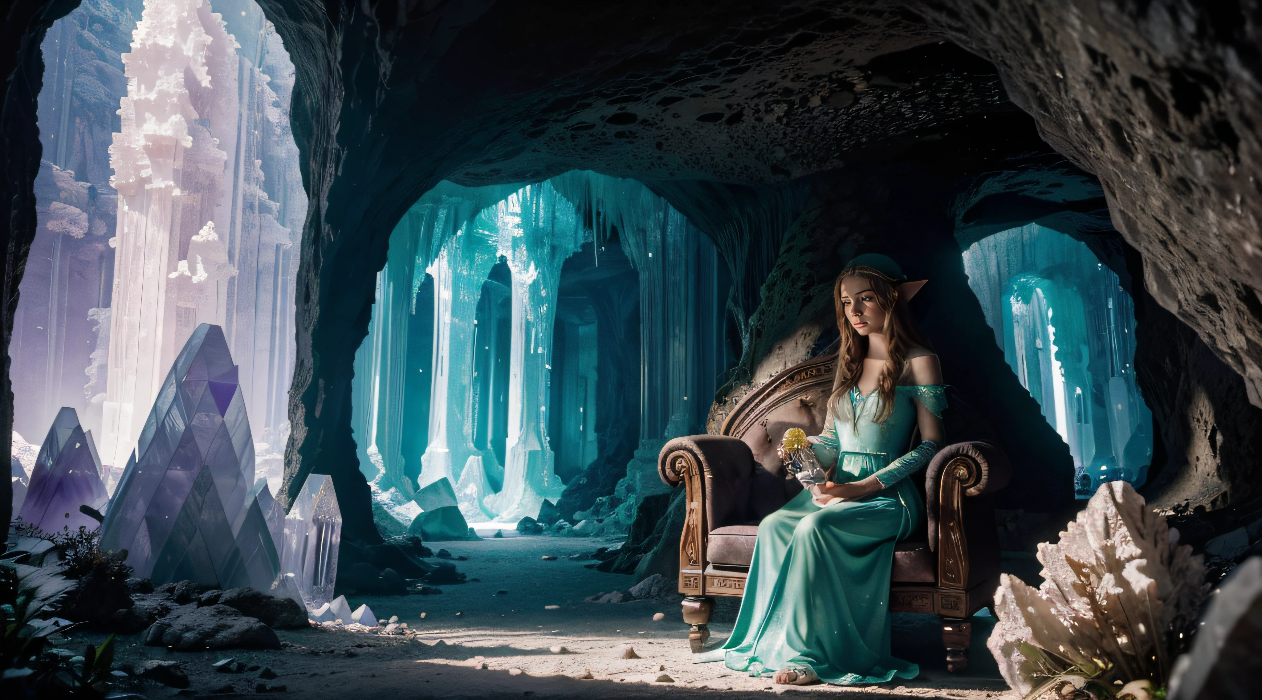 Au fond d&#39;A grotto of Christian giants, une jeune reine (Onze, en longue robe verte) assis sur un trône de cristaux de Selenite Géants. trône de cristal. La Reine&#39;le visage est rempli d&#39;émerveillement et de curiosité, plein de douceur. elle tient un cristal d&#39;améthyste à la main. La grotte est vaste et vaste, with the passages caches and the rooms à découvrir. The deep shadows create an impression of depth and dimension.. Hdr, 16k, Best quality, 4K, High resolution, Masterpiece: 1.2, Ultra-detailed, Realstic