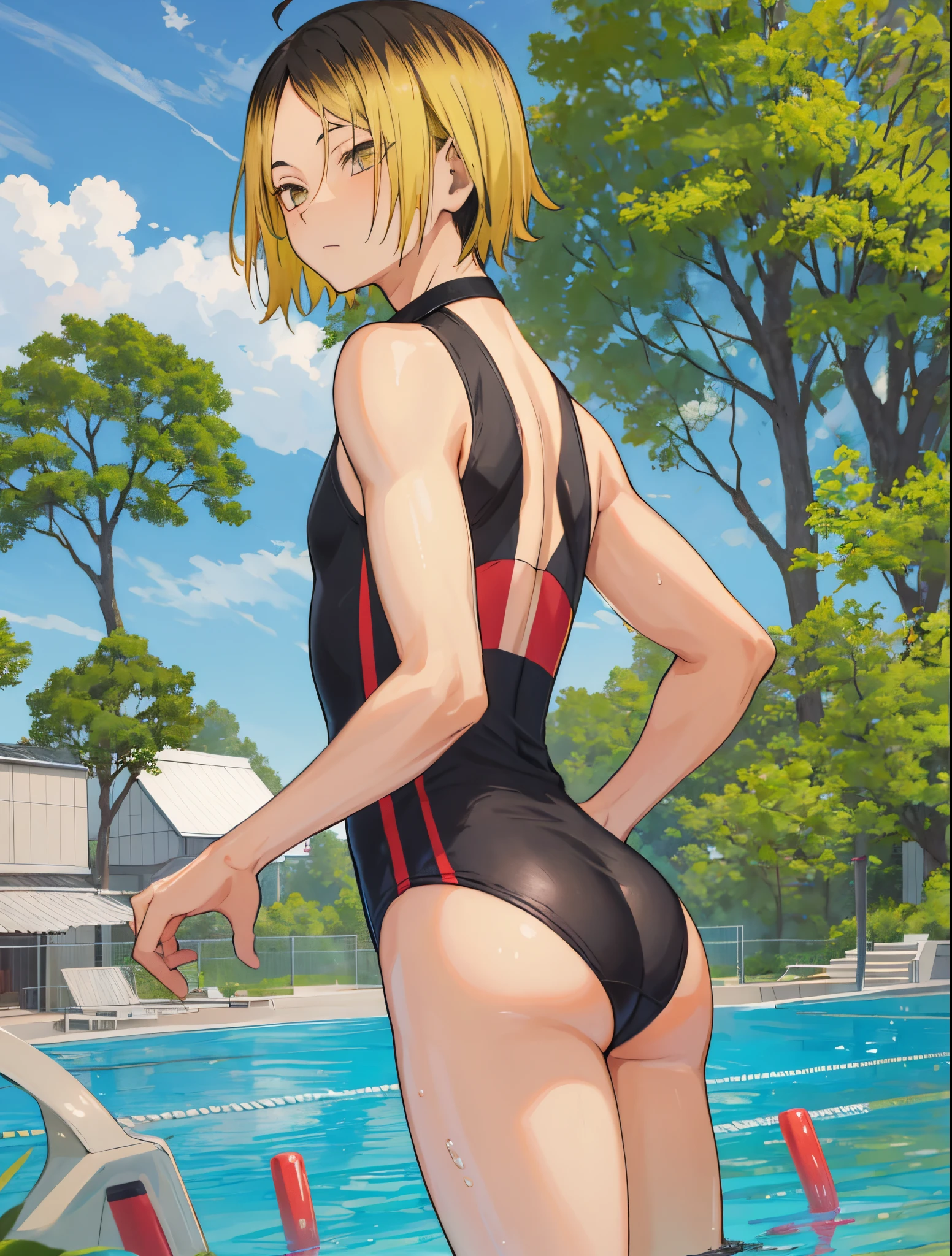 1boy, (Masterpiece, Top Quality, Best Quality), upper-body, blonde hair, black hair, multi-colored hair, forehead, (swimming suit: 1.1), 独奏, exterior, Park, Walking, blue skies, sakura trees, male focus, 8K, Negative_Hand-Neg Oji,Back, behind, Shows ass