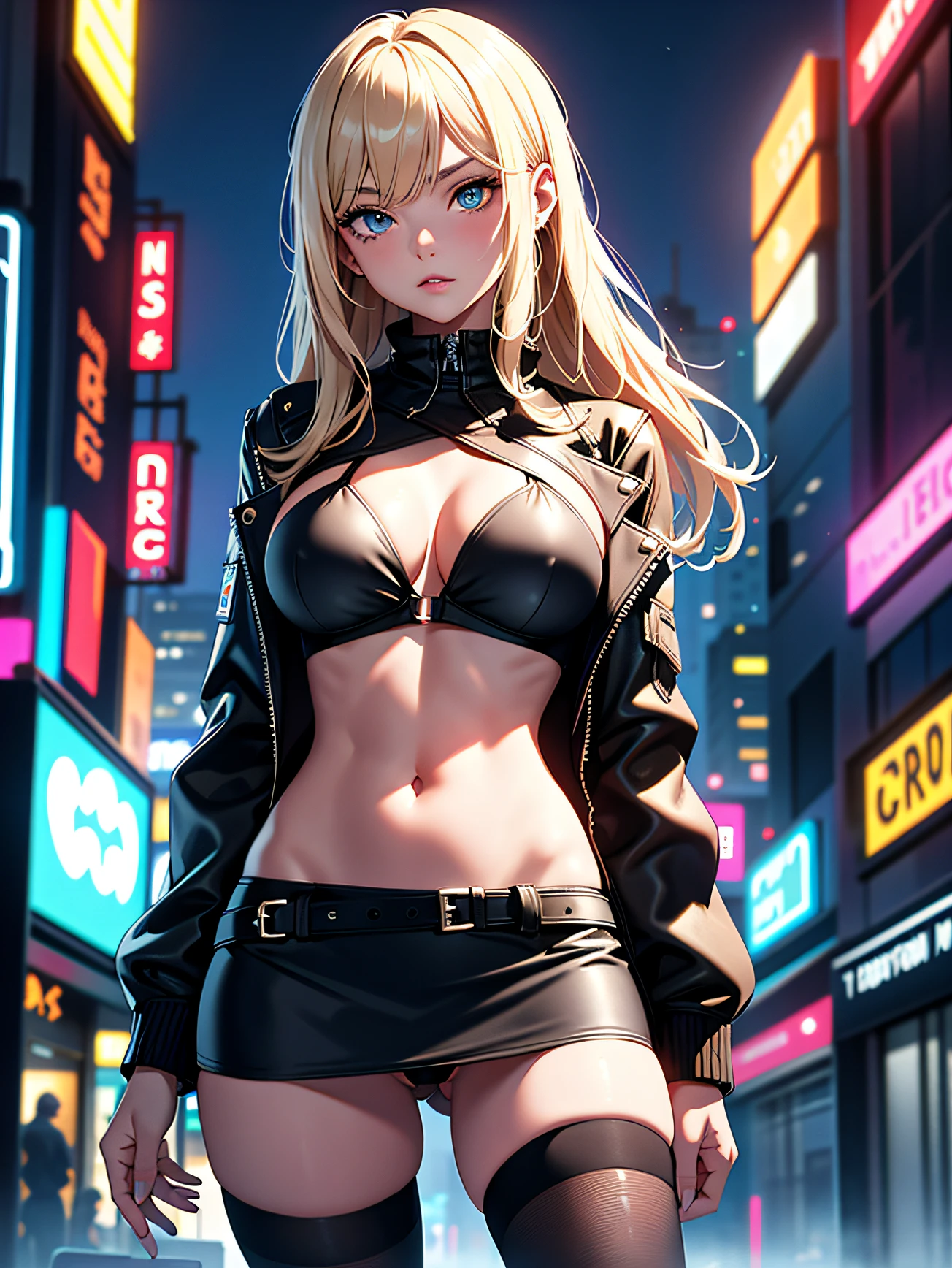 best quality, 1girl, masterpiece, best quality, 8k, detailed skin texture, ((beautiful detailed face)), intricate details, blonde hair, parted bangs, (half body), detailed blue eyes, 18 years old, neat girl, huge breasts, cleavage, ((black bikini top, black tight miniskirt)), (open black leather jacket:1.2), (black headphones), (cyberpunk style, city, neon lights), ((night))