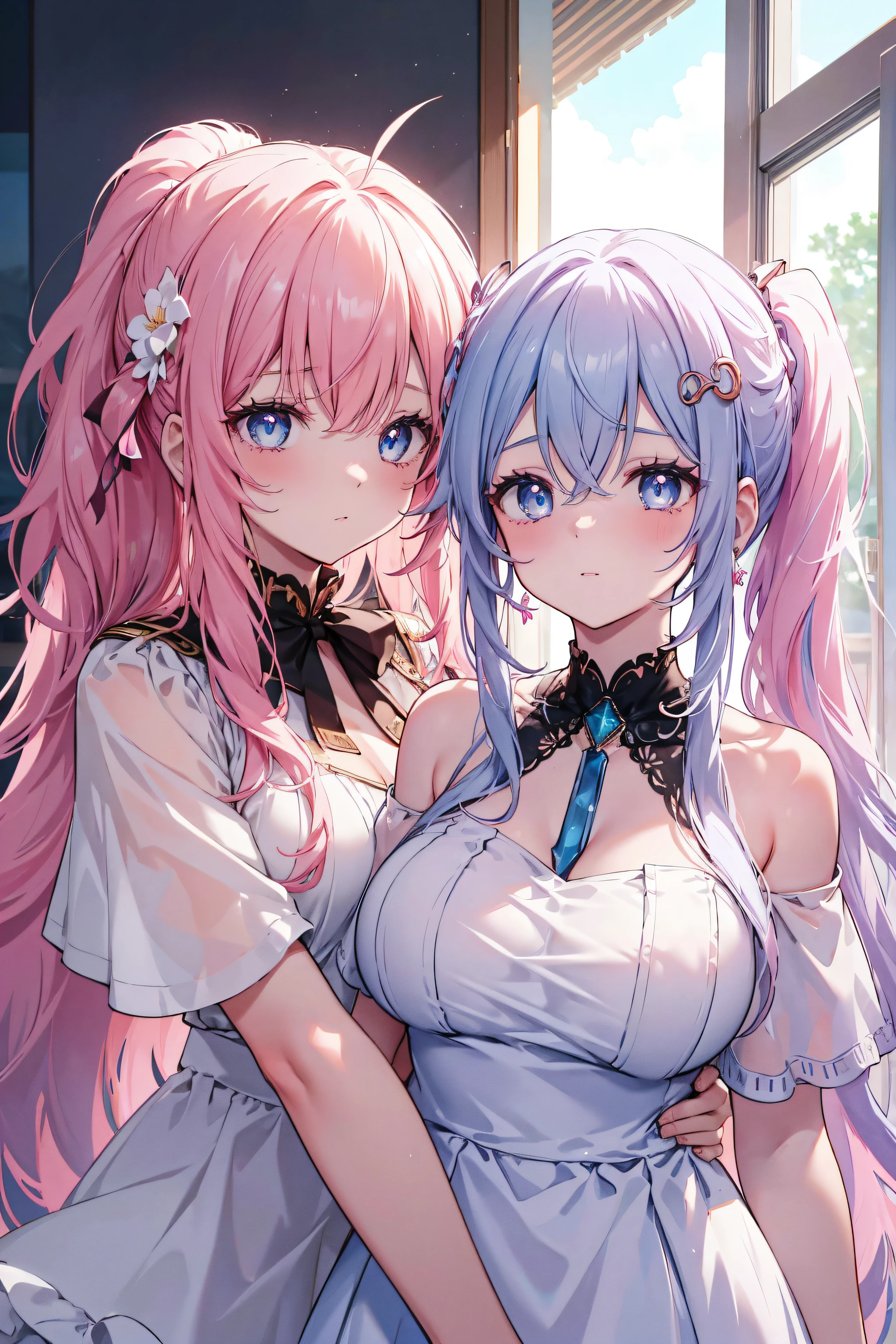 2filles, (queue de cheval ondulée, cheveux sur épaule, cheveux très longs, cheveux très épais), poils bleus ou roses, (Beaux yeux détaillés, yeux roses ou bleus, pupille en forme d’étoile, pupilles enflammées), des larmes heureuses ou un mouchoir dans la bouche, grosse poitrine, clivage, Boucles d’oreilles en croissant, vêtements de déesse, 2 paires d'ailes, (beau collier en cuir bijou détaillé), (épingle à cheveux fleur de cheveux), Abus d’éruption de lentille, aberration chromatique, détail élevé, Anime, romantisme, sur l’art, profondeur de champ, Flou de mouvement, Lumière rougeoyante, grain du film, UHD, rétine, ccurate, Chef-dœudansre, anatomiquement correct, peau texturée, Super détail, high détails, de la haute qualité, Primé, meilleur qualité, Haute résolution, 16k, Mains cachées