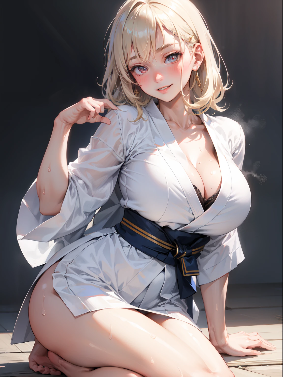 (Best Quality, masutepiece), 1 girl, Pose, Judo athlete,White kimono, Large breasts,nice legs,At the judo venue,Detailed beautiful face,Detailed eyes,detailed hairs,detailed clothes,Detailed realistic skin,Cool,Sweat,Smile,Dynamic Angle,From Side