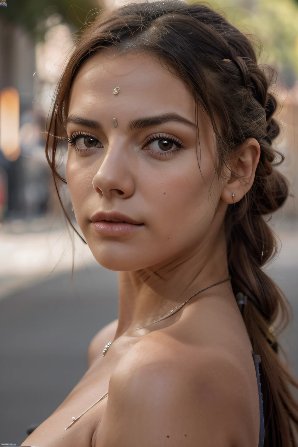 (8k, 4k, mejor calidad, highres, ultra-high-resolution: 1.1), (obra maestra, realista, fotorrealista: 1.1), 1girl, cara, primer plano, coletas, trenzas, cabello rubio, ojos negros, labios rojos, ((pecho grande)), (escote grande), (caderas grandes y cuvy), (cintura estrecha) (mirando al espectador: 2), cabello absurdamente largo, long eyeslashes, sombra de ojos, petty face, ojos grandes, hombros desnudos, alto contraste, ultra-high def, detalles sobresalientes, 8K, Cara sonrojada, attractive collarbone, hombros sexys, mejillas sonrojadas, Nikon Z9, lente de 30 mm, Sharp face in focus, f / 4, ISO 200, obturador 1/250, luz de belleza, plano medio, crudo, intrincadamente detallado, Award-winning photography, buen contraste, alta nitidez, facial-symmetry, bokeh, ultra detallado