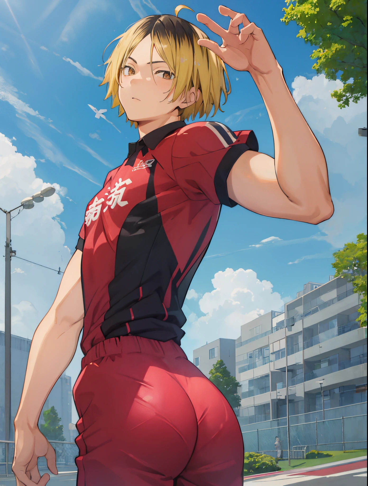 1boy, (Masterpiece, Top Quality, Best Quality), upper-body, blonde hair, black hair, multi-colored hair, forehead, (gym uniform: 1.1), 独奏, exterior, Park, Walking, blue skies, sakura trees, male focus, 8K, Negative_Hand-Neg Oji,Back, behind, Shows ass