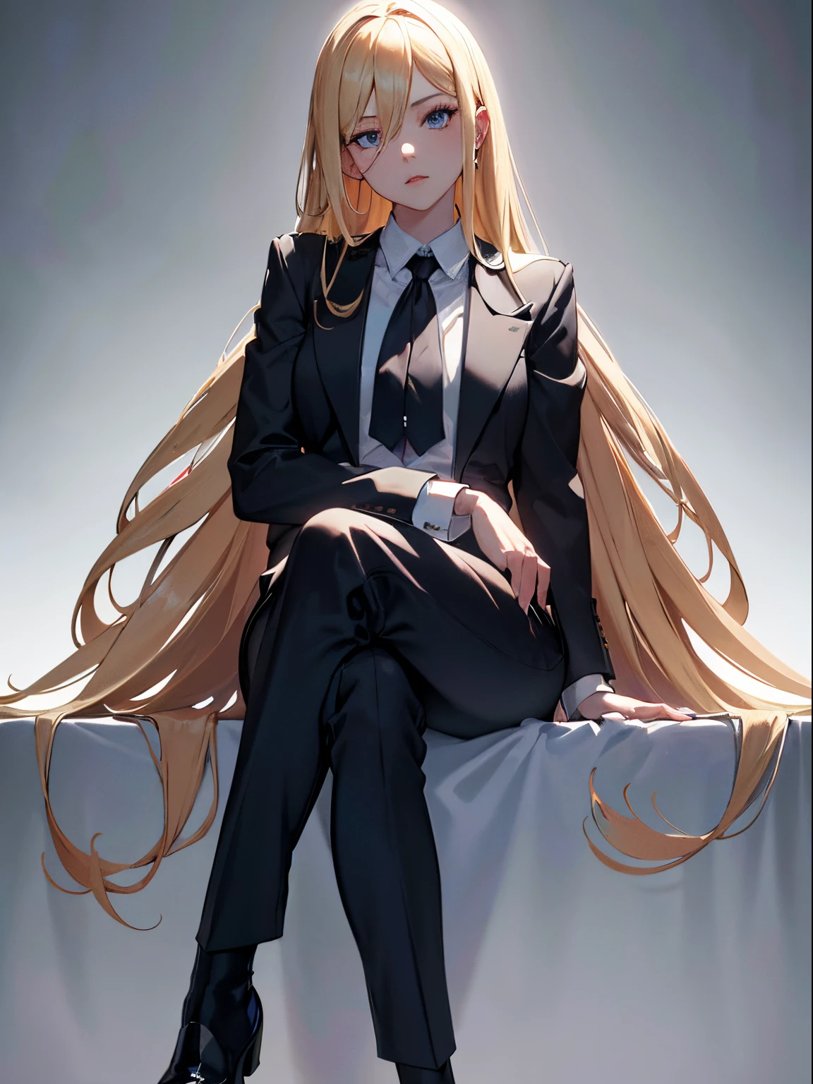 masterpiece, best quality, 1girl, blonde hair, blue eyes, white formal shirt, sitting, crossed legs, black pants, dark room, dim light, detailed eyes, detailed facial features, realistic and high resolution (best quality, 4k, 8k, highres, masterpiece:1.2)