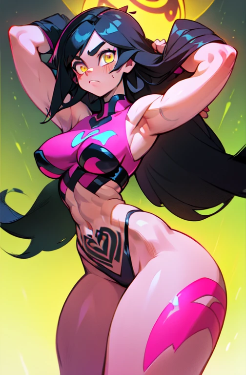 solo, 1girl, very long hair, long black hair, yellow eyes, muscular:0.8, perky tits, thick thighs, wide hips, curvy, toned body, ((extra arms)), neon pink girly acessories, (glowing tattoos)