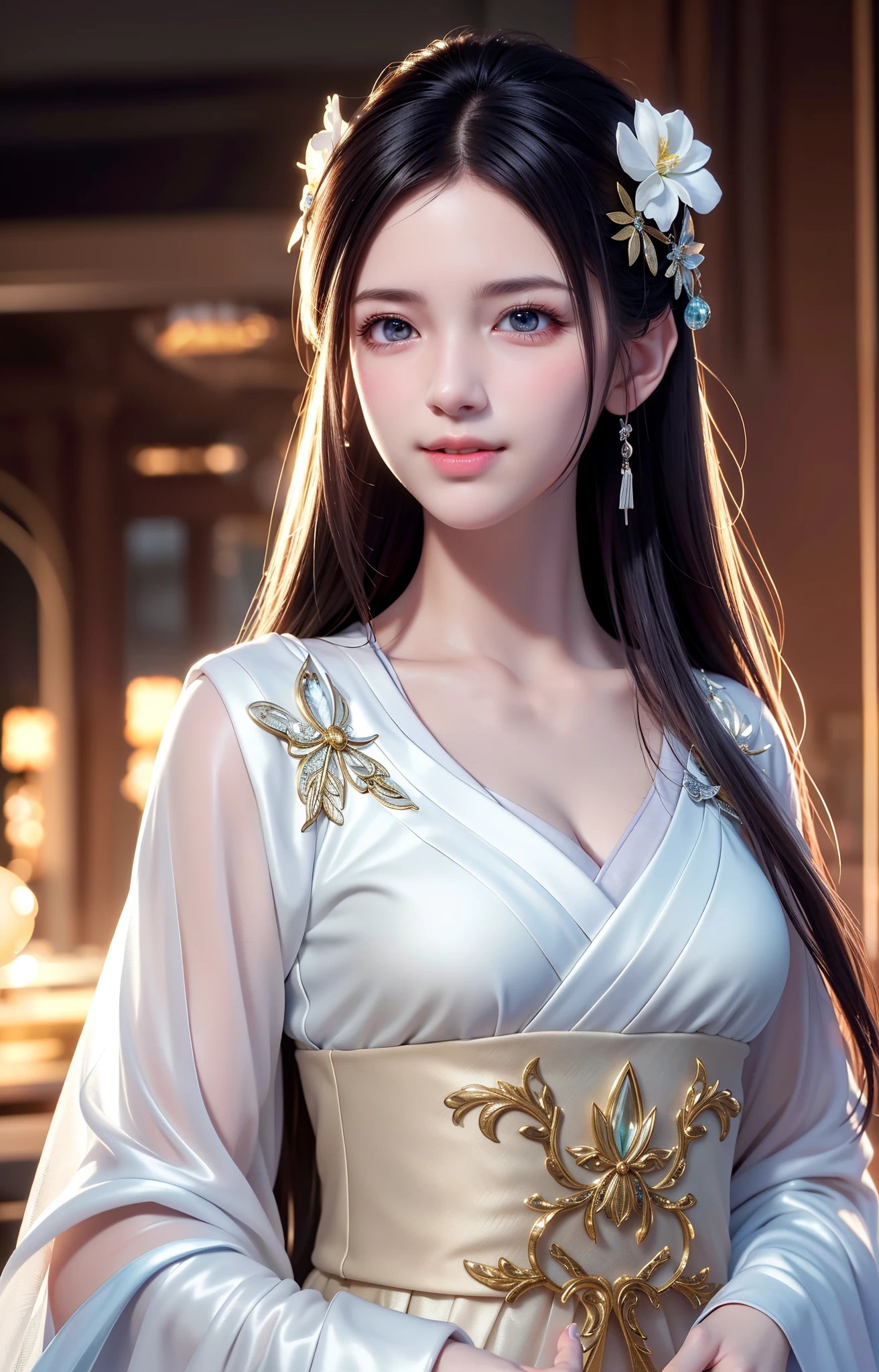 (8k, RAW photo, best quality, mastery:1.2), (realistic, photo-realistic:1.37), ultra-detailed, (high detailed skin:1.2), 8k uhd, dslr, soft light, high quality, film grain, Fujifilm XTrofessional lighting, photon mapping, radiosity, hanfu, White robe fluttering in the wind, long white hair, well-dressed, perfect face, handsome, concept art, detailed face and body, award winning photography, detailed face, backlight, hyper-realism, ray tracing, intense gaze, looking at the audience, movie lights, embers, fantasy, action pose, splash, mist, raw photo, 8k uhd, film grain, charming smile, healing smile, close-up