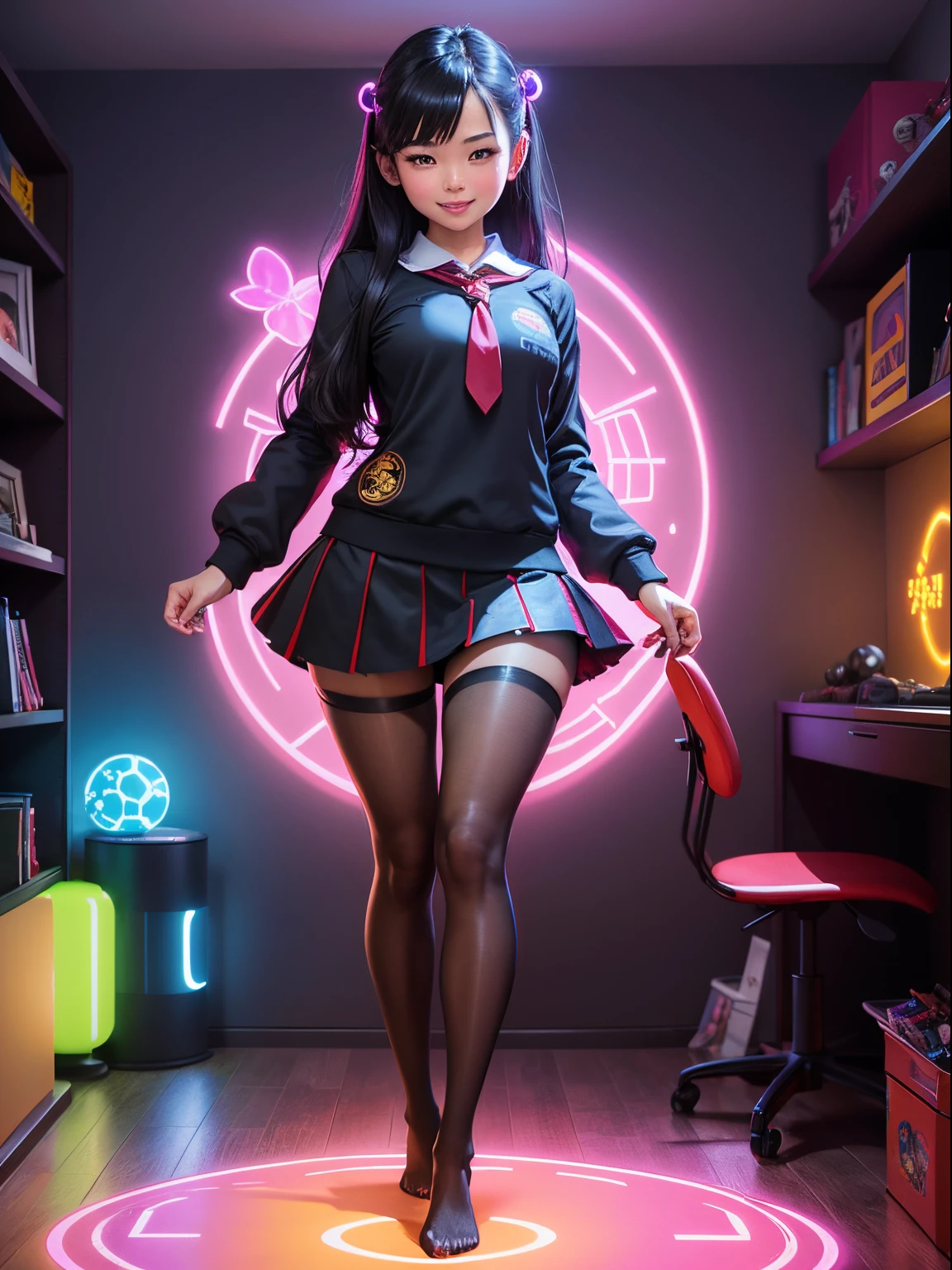 Show entire body, full body view, feet in view, Gorgeous Asian female, American school uniform, very short skirt, shiny black pantyhose, no shoes, cute smile, adorned with colorful LED lights casting a vibrant glow across the room. Posters of favorite games and characters decorate the walls, while shelves proudly display an array of gaming memorabilia and collectibles.