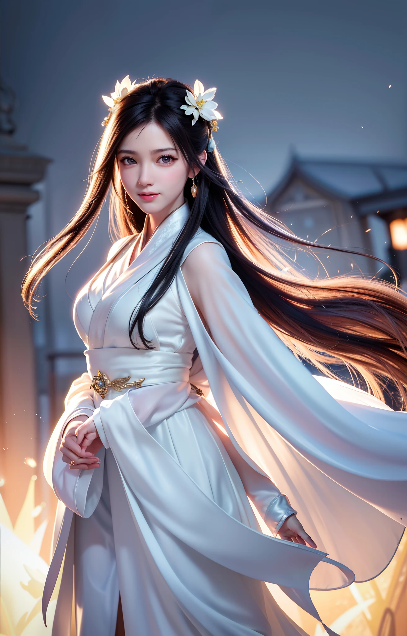 (8k, RAW photo, best quality, mastery:1.2), (realistic, photo-realistic:1.37), ultra-detailed, (high detailed skin:1.2), 8k uhd, dslr, soft light, high quality, film grain, Fujifilm XTrofessional lighting, photon mapping, radiosity, hanfu, White robe fluttering in the wind, long white hair, well-dressed, perfect face, handsome, concept art, detailed face and body, award winning photography, detailed face, backlight, hyper-realism, ray tracing, intense gaze, looking at the audience, movie lights, embers, fantasy, action pose, splash, mist, raw photo, 8k uhd, film grain, charming smile, healing smile, close-up