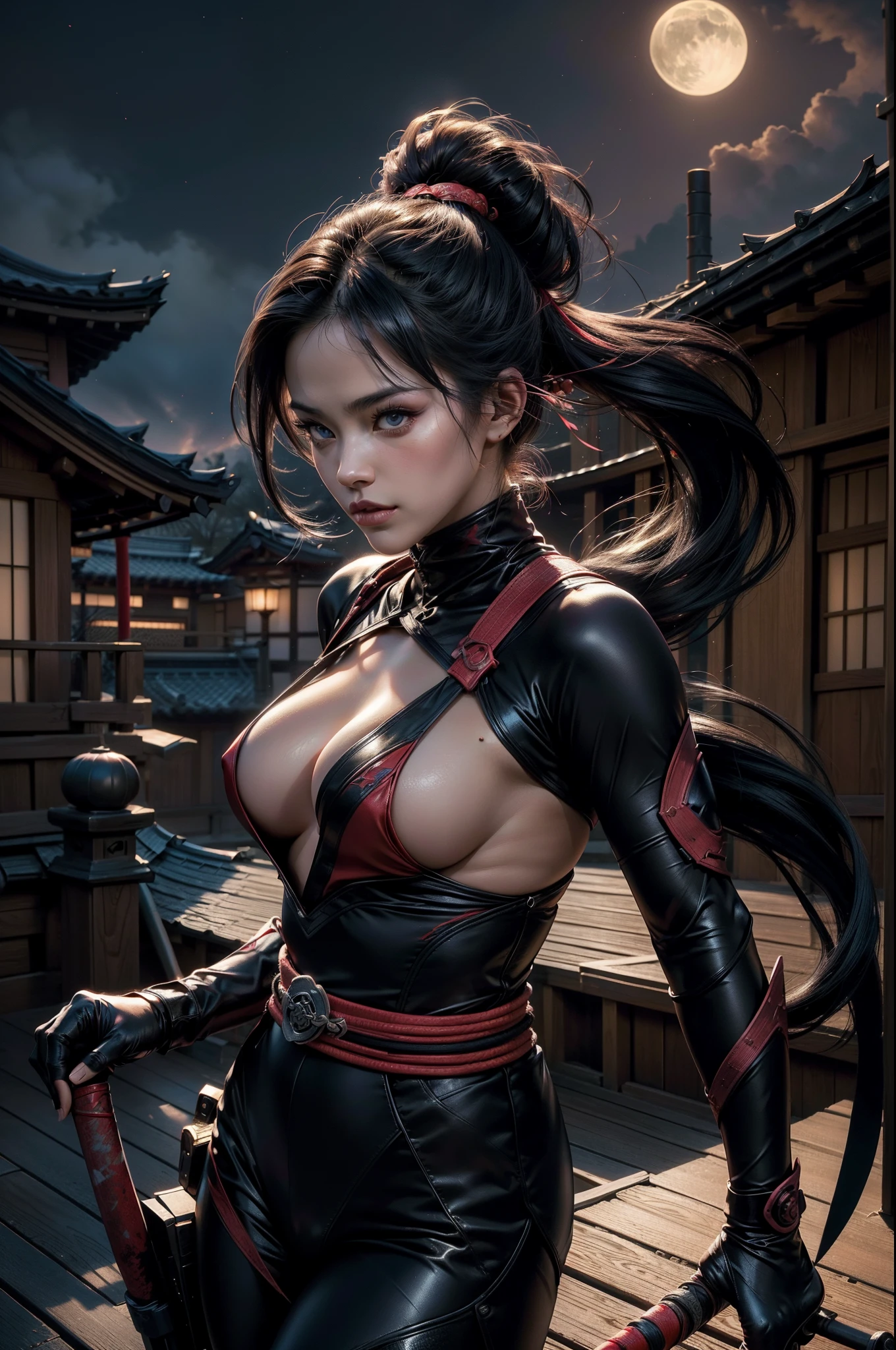 (best quality,4k,8k,highres,masterpiece:1.2),ultra-detailed,(realistic,photorealistic,photo-realistic:1.37),sexy female ninja,ninja outfit,on the roof of a Japanese house,night,sexy,cleavage,Japanese,shimmering moonlight,stealthy,shadowy,sharp katana,kunai throwing knives,silky black hair,fit and agile,alluring gaze,intense eyes,confident and fierce stance,japanese cherry blossoms,vibrant red accents,subtle smoke,mysterious ambiance,meticulously crafted ninja gear,angled rooftop,starlit sky,graceful leaps and flips,acrobatic movements,unforgettable silhouette
