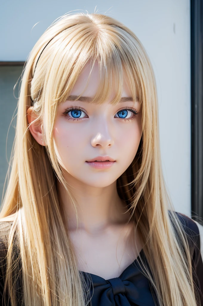 (masterpiece、best quality、extremely detailed 8k、ultra hd、ultra-detailed、highly detailed、highly realistic、photo realistic)、(beautiful realistic face、detailed realistic face)、Extraordinary sexy beauty、1girl、Blonde、long bangs between the eyes,、Super long bright blonde straight hair、twintails、hair_ornament red、hair_scrunchie red、beautiful countenance、Very cute beautiful sexy young little woman、Very perfect beautiful cute face、Glowing big bright light blue eyes、19yo student、blonde、Young Western Woman、Beautiful white shiny skin、
