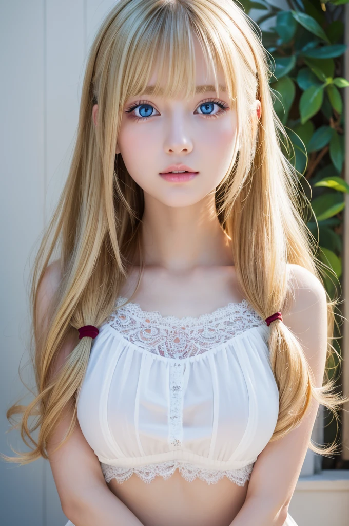 (masterpiece、best quality、extremely detailed 8k、ultra hd、ultra-detailed、highly detailed、highly realistic、photo realistic)、(beautiful realistic face、detailed realistic face)、Extraordinary sexy beauty、1girl、Blonde、long bangs between the eyes,、Super long bright blonde straight hair、twintails、hair_ornament red、hair_scrunchie red、beautiful countenance、Very cute beautiful sexy young little woman、Very perfect beautiful cute face、Glowing big bright light blue eyes、19yo student、blonde、Young Western Woman、Beautiful white shiny skin、