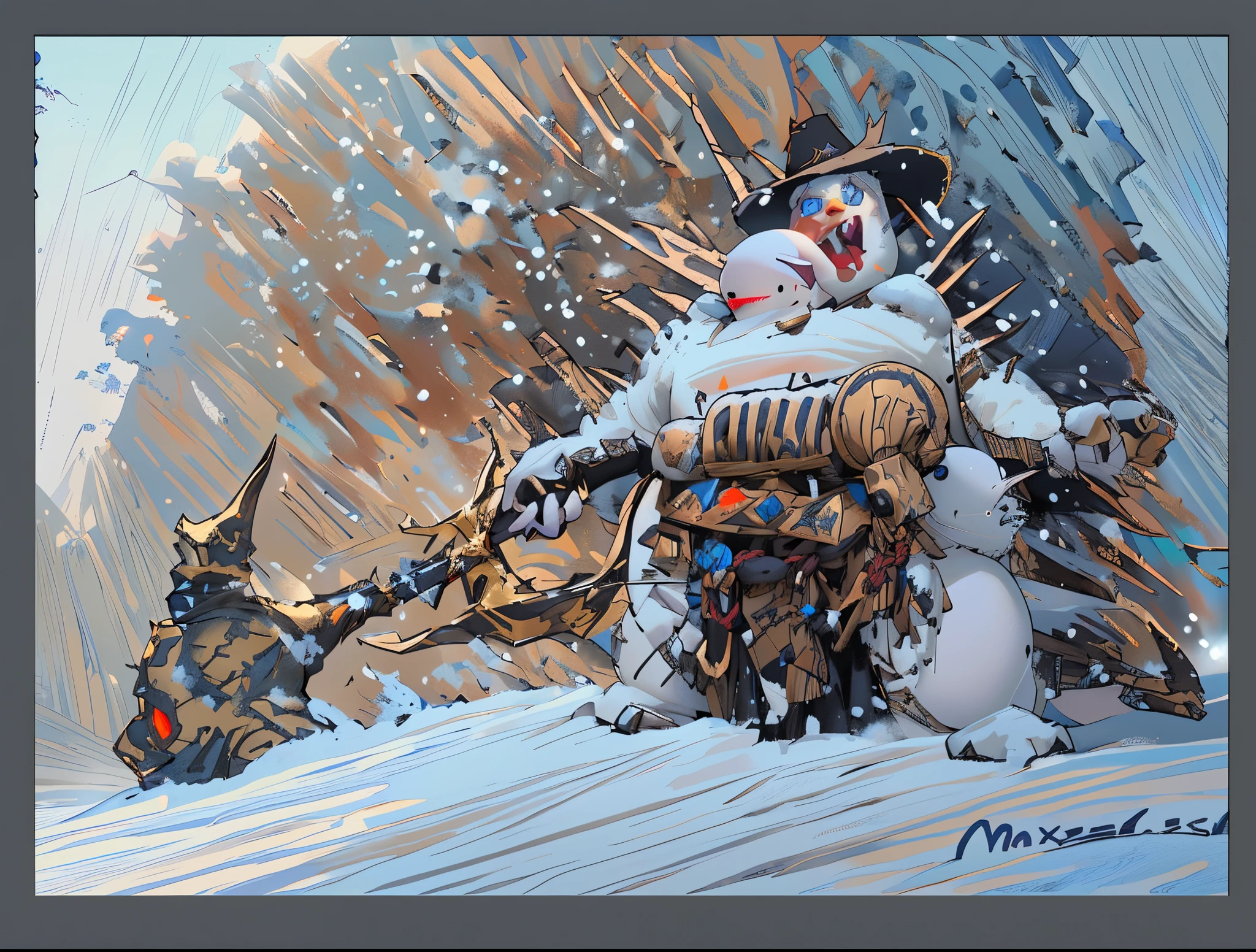 01_(Epic character).(One in the frame). (Huge block of snow). (Big - scary snowman). Horizontal composition, with some offset from the center-wide format. (A large body of snow, an awkward mass of snow, composed of three rounded snow blocks). (Living creature, in a fighting pose, decisive nature, threateningly scary). (Snowman, a fantastic fantasy image, a creature created from snow, created for battles, attacks and intimidation). (In thick snowy paws, he holds an  ax, on a long handle, made of , a very powerful weapon, large - at full height). (The  body of the monster consists of three  blocks - a typical design of a snowman, strength and power live in it, it  ready to attack). (The body  covered with imitation armor, old car bumpers, headlights, license plates, hung on a snow uniform - symbolize armor, metal armor). (A frightening muzzle, in an animation style, with a cheerful grin, a snowy mouth gaping in a smile, an icicle, crazy eyes glowing with blue light, a black felt hat on the head, decorated with trinkets and amulets). (This  an epic character in animated style, animated film).
02_The composition  located in a horizontal frame, in the hand  a powerful  ax. Eliminate symmetry, the main mass of the hero  not placed clearly in the center - with a slight offset, Mood, fairy tale, magic, absurdity, fighting stance, and powerful snow form.
03_ Cold range of lighting, evening, snow storm, elements, gusty wind, slanting snow whirlwinds,  patterns on the background, dark blue, snowy background. Contrasting, clear lighting, warm magical light, clear cold shadows, contrasting image. , snow, snow decor, intricate patterns, and  ornaments on the body. The highest image quality, a masterpiece, computer graphics. Cinematic level of performance, animated film. HD quality, wide format, 8K. , Unreal engine.