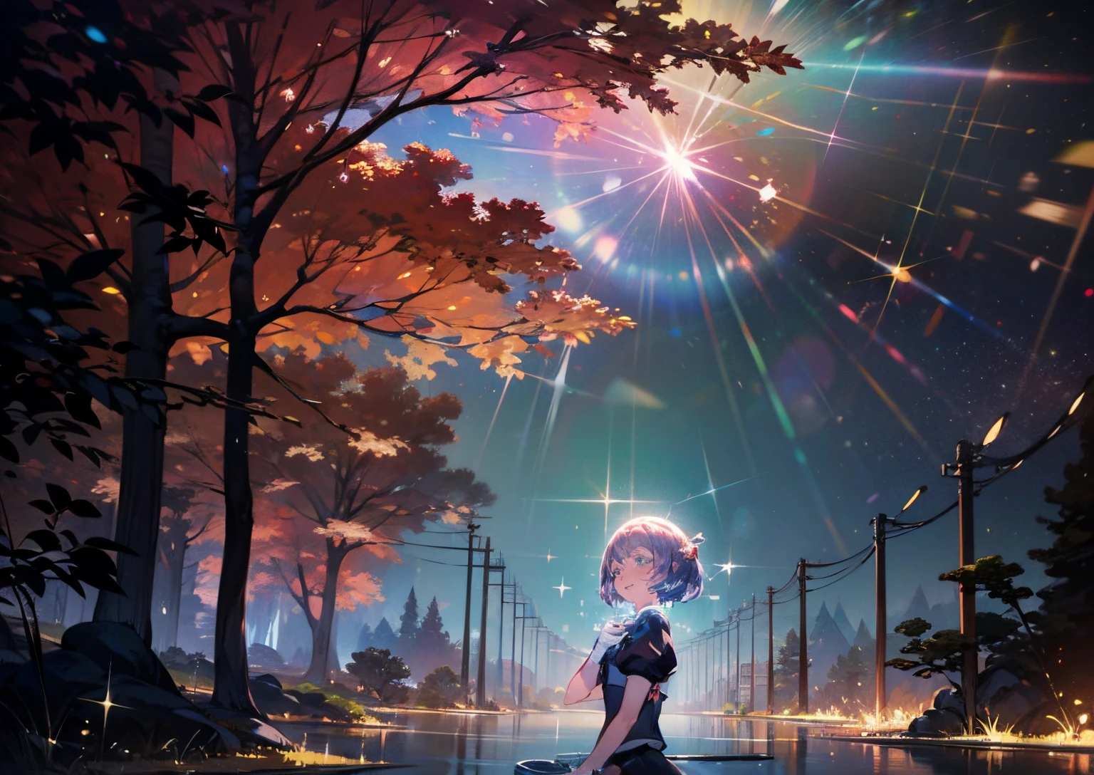 ((in the style of Ichikawa Haruko)), Houseka left, The Land of Precious Stones, Original character, ((tmasterpiece)), (((beste-Qualit))), ((ultradetailed)), ((illustartion)), [The light effect of realism], eye shadow, (fantasy style), Background, illustartion, 1 girl, side glance, Crystal hair, Glowing Hair, shirt with collar, galaxy, Additional lighting, uniform, tie, puffy short sleeves, Shorts, Smile, puffy short sleeves, Puffy armbands, Shirt, short sleeve, sparkle, Small flat chest, BEAUTIFUL POSE, Sequoia, Autumn landscape, everything is in red colors, blue fog in the distance, Forest landscape