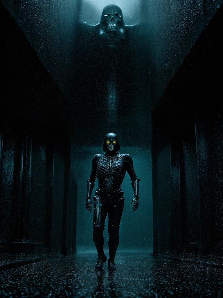 hnsrdlf style, gigerwall, (full body shot, ultra-detailed, best quality, photorealistic:1.8, 8k, realistic, photography, melted bodies and skeletons, exomorph, black marble skin, dark mood, dark background, petrol colours, vibrant colours, 35mm, symmetric composition, emerging from black smoke, high contrast, rain, liquid reflections, in the style of HR Giger