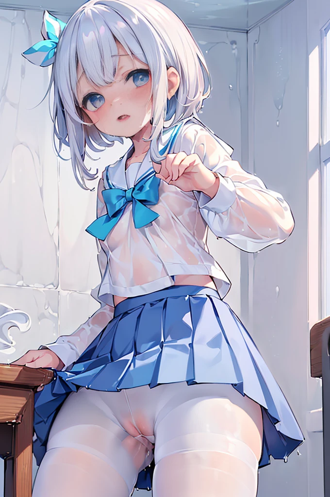 (Masterpiece, Slim Body, Delicate Fingers: 1.2), Best Quality, (Illustration: 1.2), (Hyper Detail), Eye Focus, Ultra Detail, (Fine Detail), (Intricate Detail), HDR, (Ultra Detail: 1.15), (Soft Light: 1.2), 1girl, ((School_uniform), (sailor_suit), (short_blue_pleated_skirt), (white_pantyhose:1.2) long sleeve shirt, (White hair and blue highlights),cyan eyes, medium, short hair, solo, (medium breasts:1.2), masterpiece, (blushing:1.3),  best quality, highly detailed, (li:1.5), fullbody image, kwaii, (crotch rub:1.5),(panting:1.2), (blushing:1.3), (moaning:1.5), (pussy juice:1.5), (wet pussy:1.5), (table:1.5), lifting, (perfect hands, perfect anatomy),