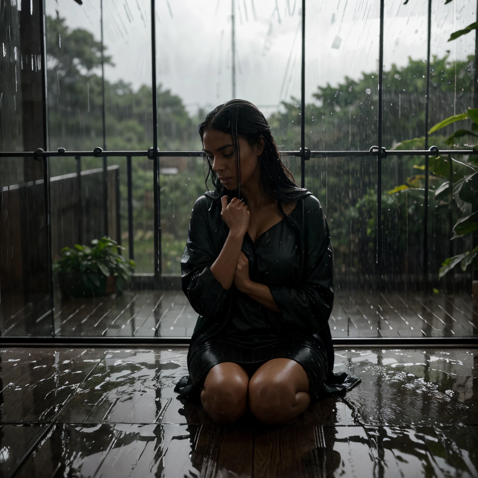 African woman sitting near An open window raining outside, storm

prompt: open window,raining outside,storm,heavy rain,thunderstorm,wind blowing,strong wind,soaking wet,indoor view,window frame,heavy raindrops,stormy atmosphere,water droplets on the window glass,dark clouds,gloomy weather,stormy sky,moody ambiance,damp atmosphere,refreshing breeze,ominous feeling,misty rain,water streaming down,lightning flashes,rumbling thunder,torrential downpour,pouring rain,water dripping off,thick rain curtain,shadows cast by raindrops,mysterious atmosphere,wet pavement,reflection on the glass,blurred outdoor scene,emotional impact,calming sound of rain,freshness in the air,intense weather,creating a cozy vibe.