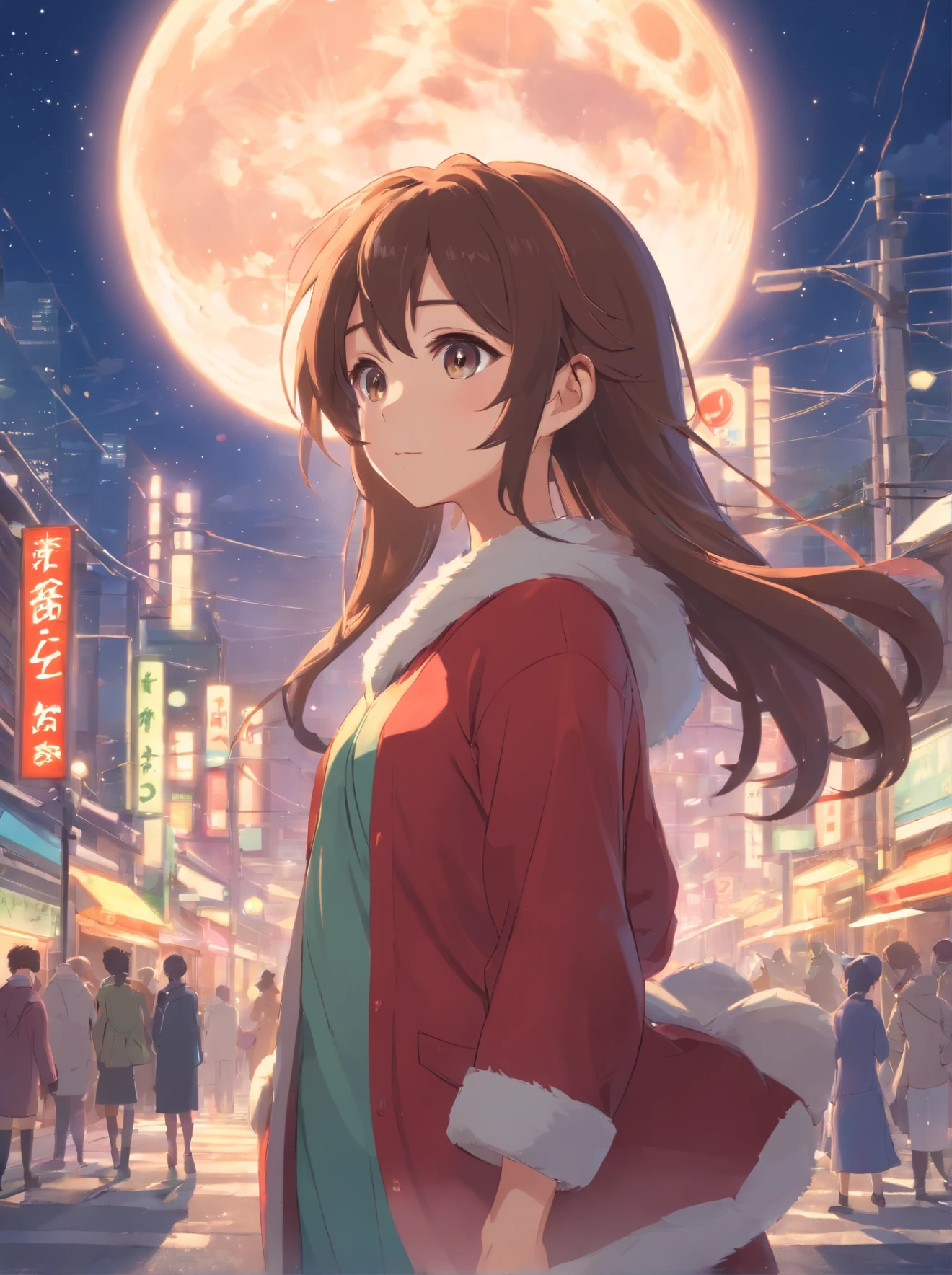 Q version of Santa Claus,Cute and cute,hunchback、chubbiness,Carry a large pocket,Throw one away,Map of Japan,Huge moon background,depth of fields,An artwork of,ultra - detailed,4K分辨率,high high quality,Overclocked renderer,电影灯光,High picture detail,Detailed pubic hair,epic graphics
