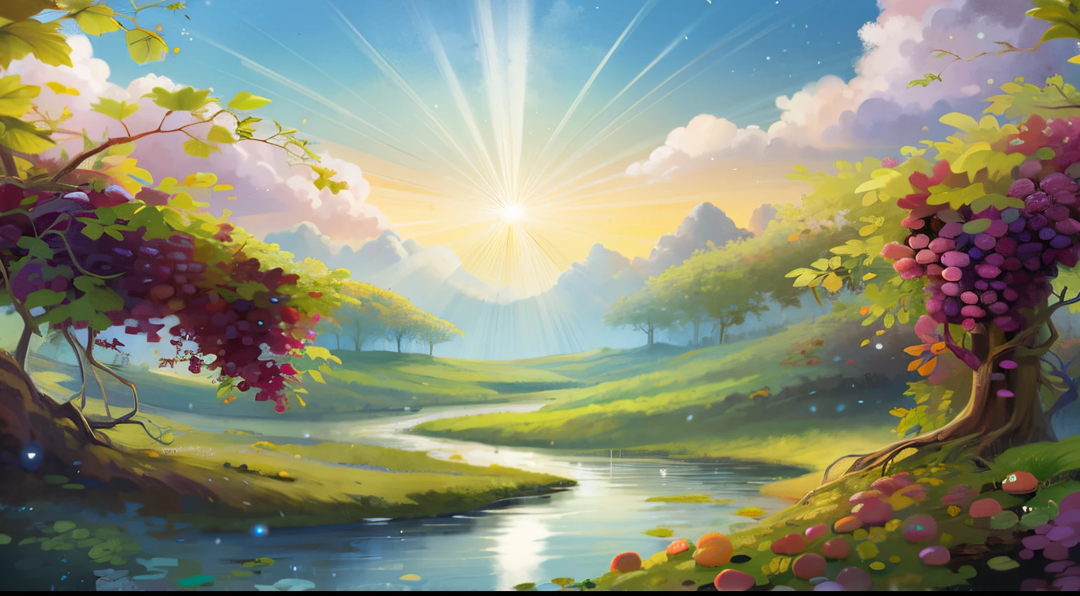 pintura de uma bela paisagem com um riacho e um sol, whimsical fantasy landscape art, Arte bonita UHD 4K, pintura de paisagem de fantasia, Pintura realista de fantasia, paisagem de arte de fantasia, Rio do Vinho, magical landscape, mystical fantasy landscape, paisagem celestial, paisagem brilhante, pintura de fantasia bonita, dream scenery art, arte de fundo, pintura de paisagem colorida, paisagem de fantasia, paisagem de sonho