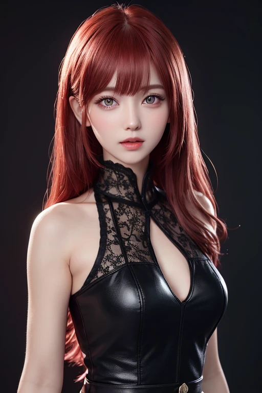 1girl, star eye, blush, perfect illumination, red hair, red eyes, unreal engine, sidelighting, detailed face, bangs, bright skin,  background, dark background, upon body,