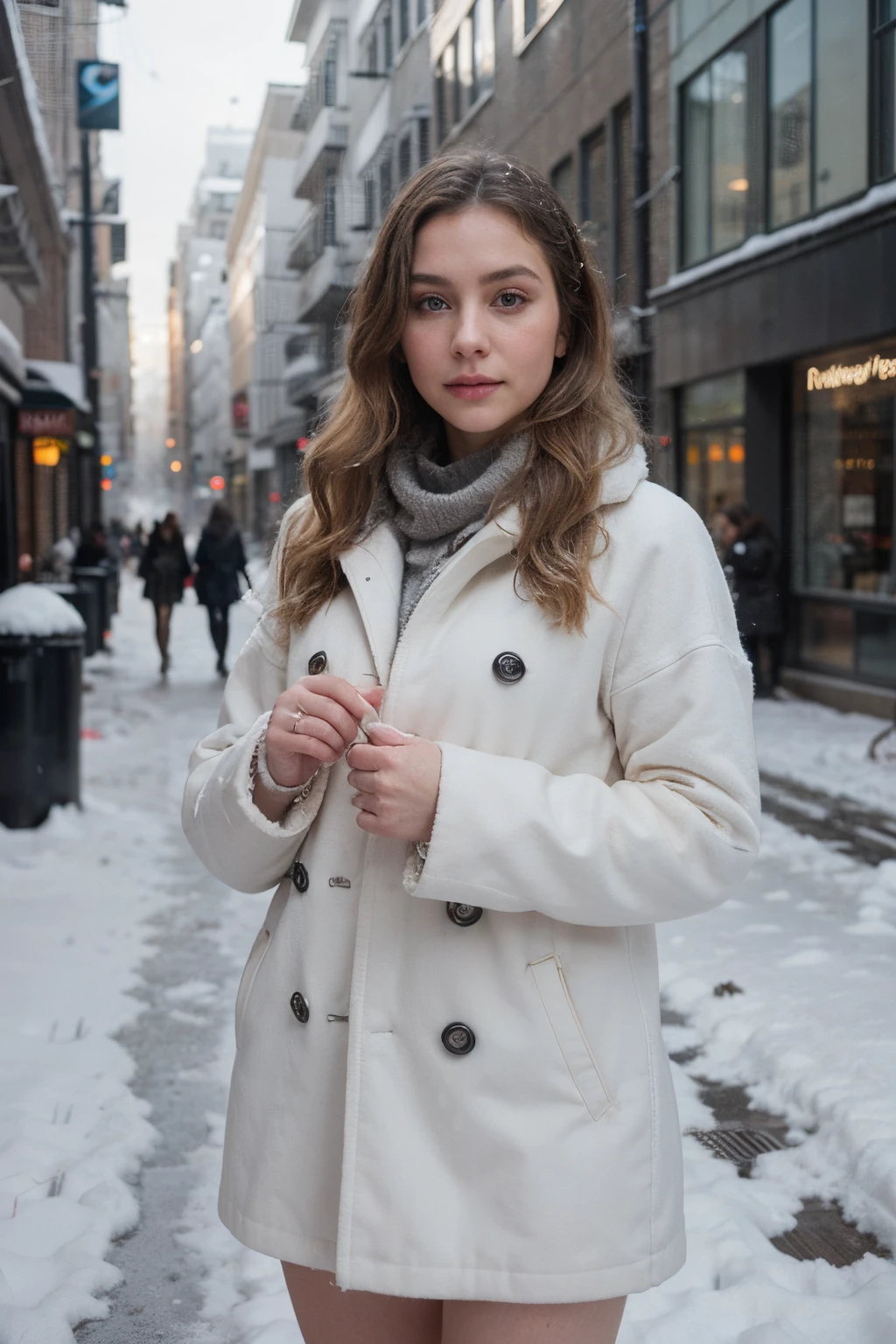 professional portrait photograph of a gorgeous Norwegian girl in winter clothing with long wavy blonde hair, sultry flirty look, gorgeous symmetrical face, cute natural makeup, wearing elegant warm winter fashion clothing, ((standing outside in snowy city street)), stunning modern urban environment, ultra realistic, concept art, elegant, highly detailed, intricate, sharp focus, depth of field, f/1. 8, 85mm, medium shot, mid shot, (((professionally color graded))), bright soft diffused light, (volumetric fog), trending on instagram, hdr 4k, 8k