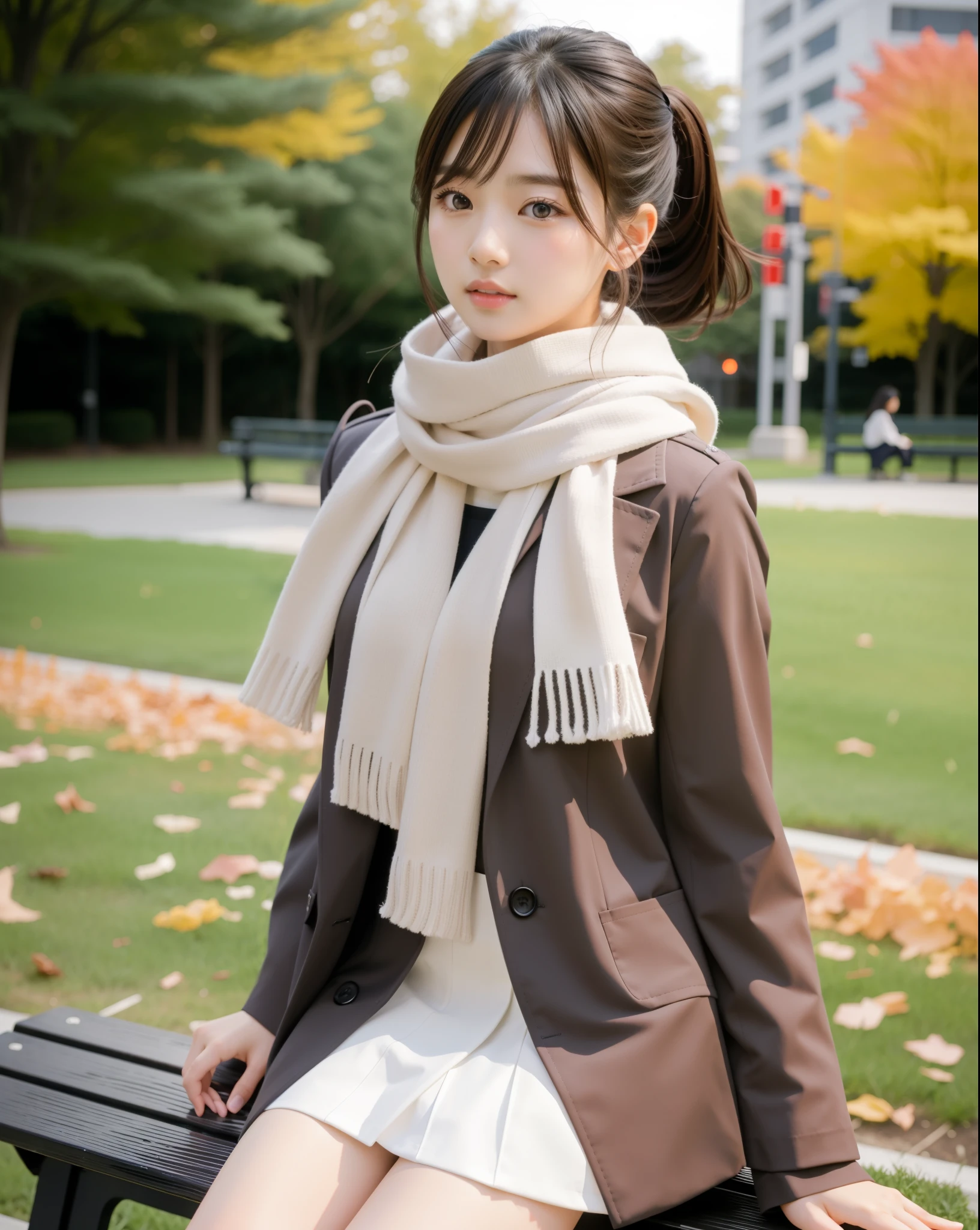 An arafi woman wearing a scarf and sitting on a park bench, Korean Girl, korean female fashion model, Beautiful young Korean woman, Korean Woman, Gorgeous young Korean woman, beautiful Korean women, Chinese girl, real life anime girl, Beautiful Asian Girl, Japanese Models, japanese girl school uniform, the face of a beautiful Japanese girl, Young Asian Girl
