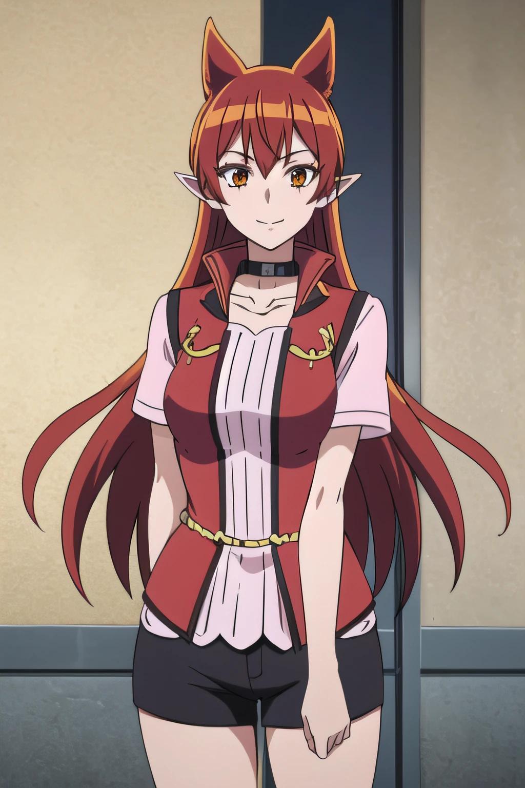 1girl, solo, facing viewer, looking at viewer, upper body, smile, AZAZELAMERI, RED HAIR, VERY LONG HAIR, CURLY HAIR, ORANGE EYES, POINTY EARS, ANIMAL EARS, AMERICASUAL, BLACK COLLAR, COLLARBONE, SHORT SLEEVES, SHORTS, RED VEST, OPEN CLOTHES, PINK SHIRT