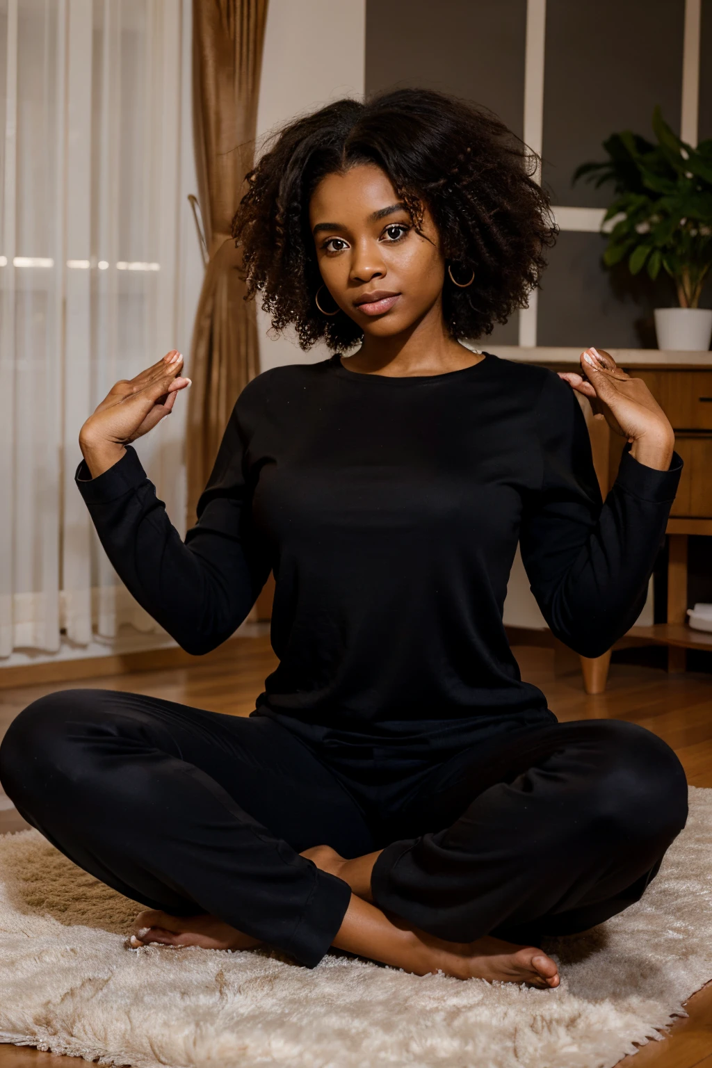 real black woman with afro natural hair and with beautiful eyes, she is 30 years old, she weights 170 pounds and measures 1m72, she is doing yoga, she in lotus position, she is wearing a pyjama