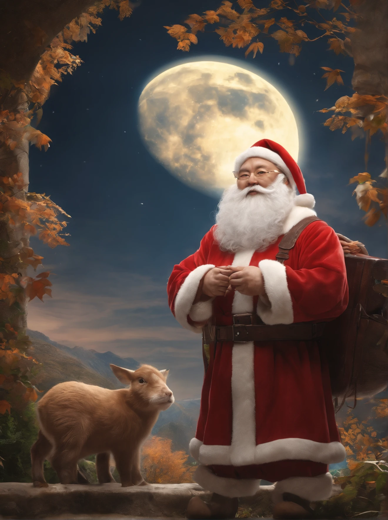 Q version of Santa Claus,Cute and cute,hunchback、chubbiness,Carry a large pocket,Throw one away,Map of Japan,Huge moon background,depth of fields,a work of art,ultra - detailed,4K分辨率,high high quality,Overclocked renderer,电影灯光,High picture detail,Detailed pubic hair,epic graphics