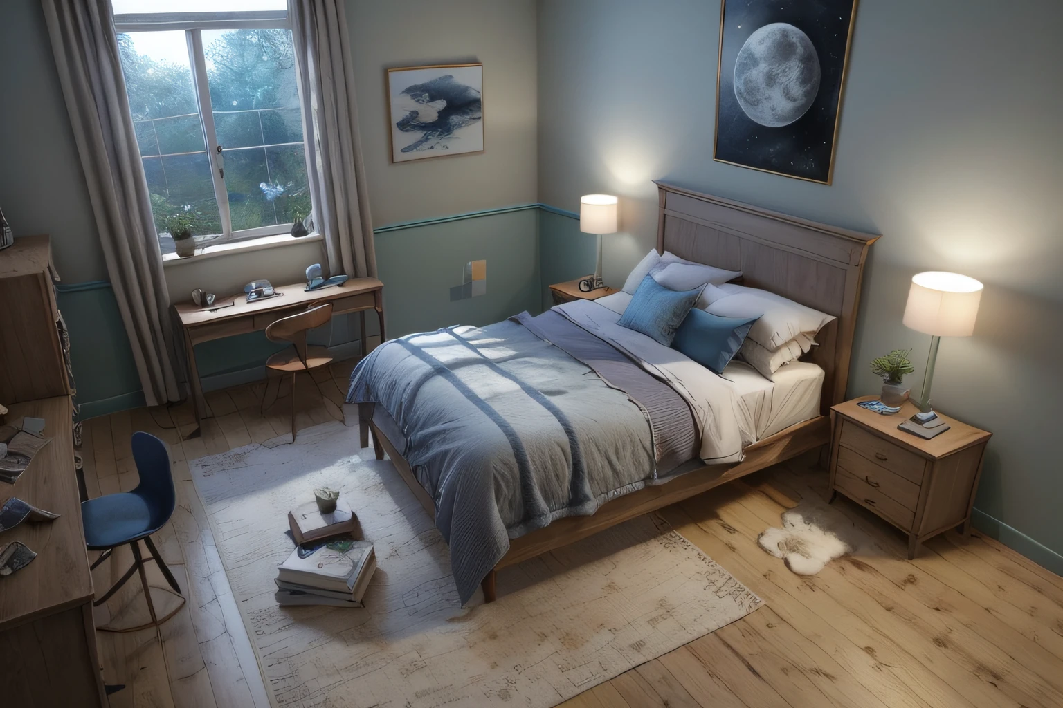 Top Angle Shot, side view, high quality Cartoony, 8K Ultra HD, high detailed, (masterpiece), best quality, moonlight bedroom scene, chain and ropes tied to bed,  hand cuffs and rope on bed , bed facing camera, Full-length lens，unreal-engine，cozy indoor lighting，art stations，Detailed digital painting，cinematic ligh，Character design for Mark Raden and Pixar and Hayao Miyazaki，Macaron color scheme，daz，adolable，Octane rendering，3DMDT1，Heads-up，Empty room
