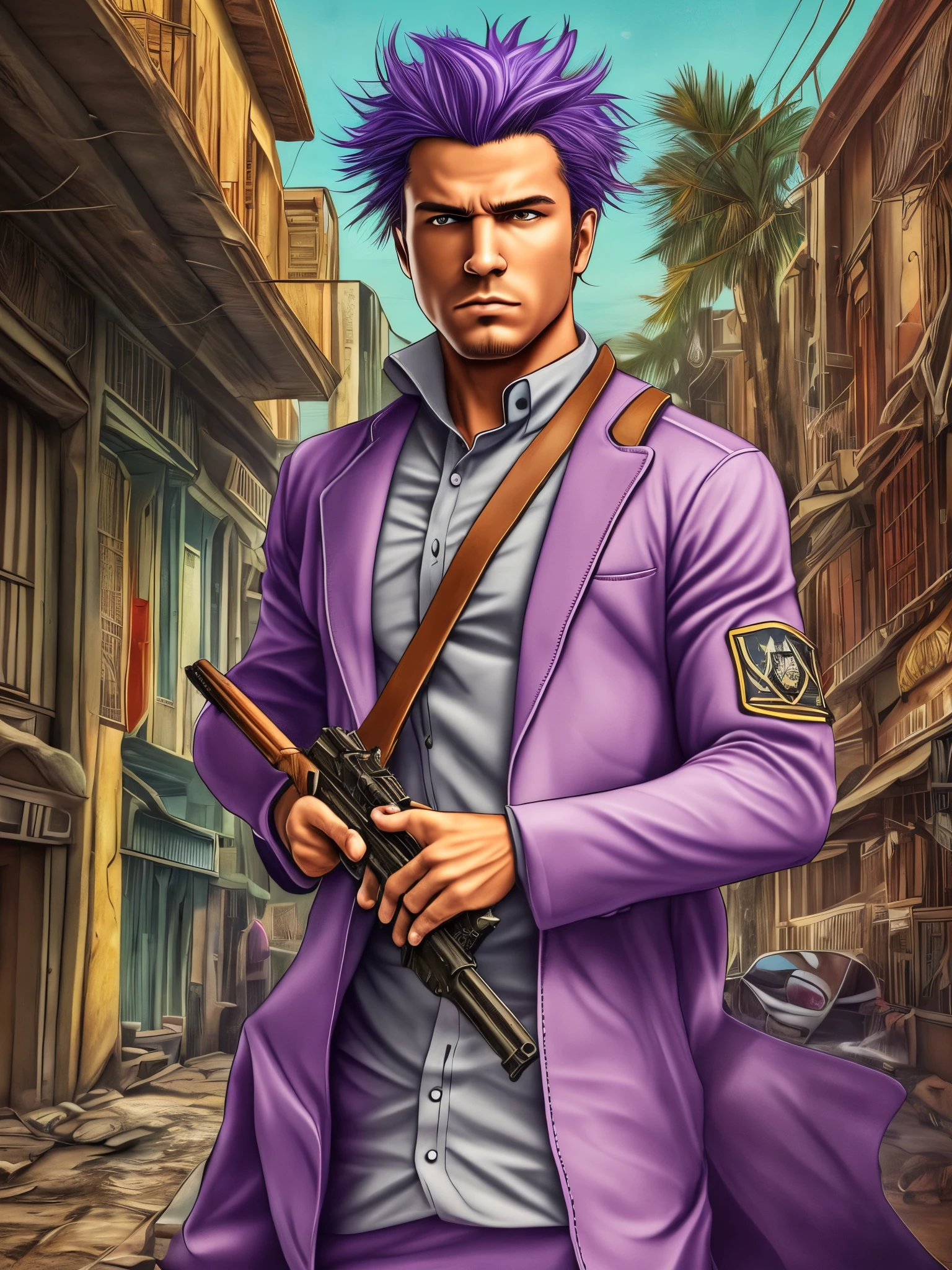 a man with a ballas purple outfit and purple hair, white man, in the ballas ghetto, holding a rifle, (extremely detailed face and body), vibrant colors, (portrait), purple color tone, next to a car purple silvia, comdramatic light, best quality, ultra-detailed, high), realistic --auto --s2