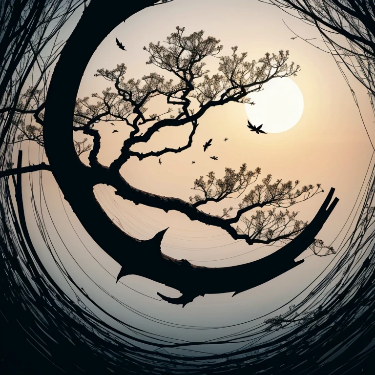 swirling white and black lines, A representation of fallen leaves.
tree with branches growing upwards, Each branch ends with a thick branch, black lump, represents the remaining leaves.
Sun setting below the horizon, Depicted as a disappearing black circle on a white background.