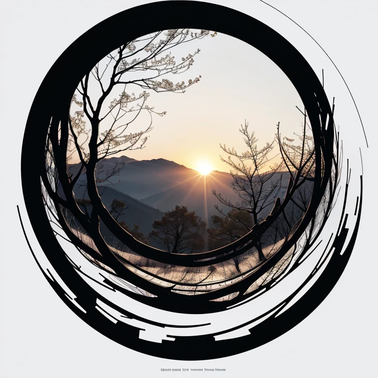 swirling white and black lines, A representation of fallen leaves.
tree with branches growing upwards, Each branch ends with a thick branch, black lump, represents the remaining leaves.
Sun setting below the horizon, Depicted as a disappearing black circle on a white background.
