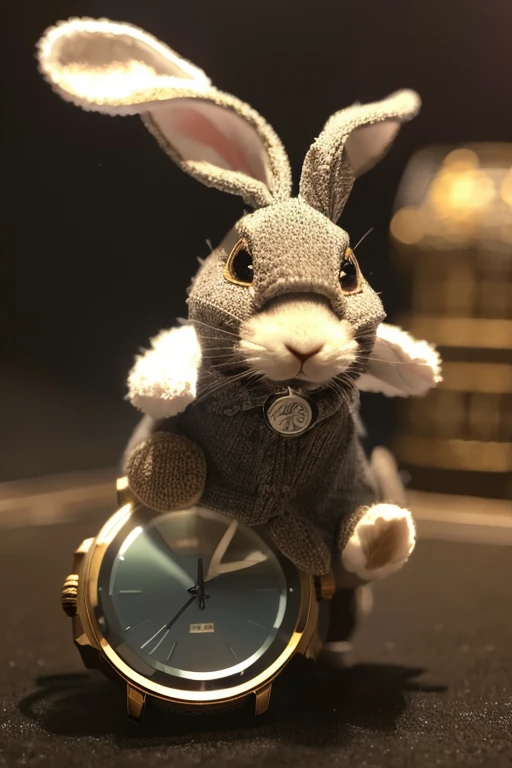 A rabbit wearing a hat is running with a watch in his hand.