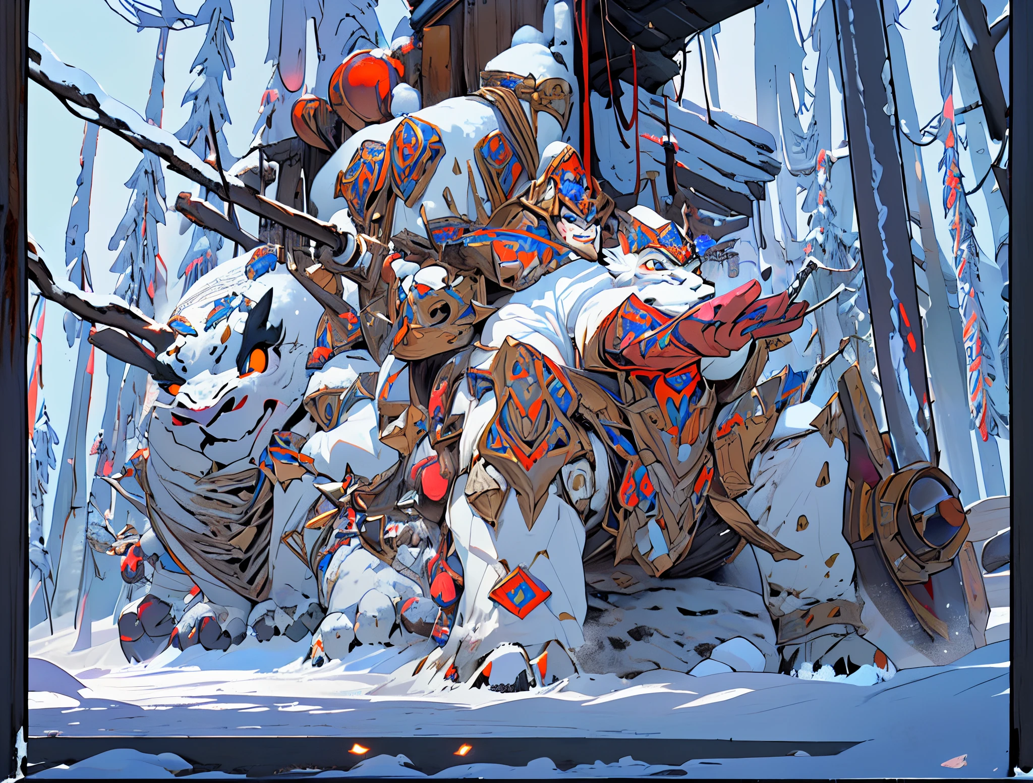 01_(Epic character).(One in the frame). (Huge block of snow). (Big - scary snowman). Horizontal composition, with some offset from the center-wide format. (A large body of snow, an awkward mass of snow, composed of three rounded snow blocks). (Living creature, in a fighting pose, decisive nature, threateningly scary). (Snowman, a fantastic fantasy image, a creature created from snow, created for battles, attacks and intimidation). (In thick snowy paws, he holds an ax, on a long handle, made of , a very powerful weapon, large - at full height). (The body of the monster consists of three blocks - a typical design of a snowman, strength and power live in it, it ready to attack). (The body covered with imitation armor, old car bumpers, headlights, license plates, hung on a snow uniform - symbolize armor, metal armor). (A frightening muzzle, in an animation style, with a cheerful grin, a snowy mouth gaping in a smile, an icicle, crazy eyes glowing with blue light, a black felt hat on the head, decorated with trinkets and amulets). (This an epic character in animated style, animated film).
02_The composition located in a horizontal frame, in the hand a powerful ax. Eliminate symmetry, the main mass of the hero not placed clearly in the center - with a slight offset, Mood, fairy tale, magic, absurdity, fighting stance, and powerful snow form.
03_ Cold range of lighting, evening, snow storm, elements, gusty wind, slanting snow whirlwinds, patterns on the background, dark blue, snowy background. Contrasting, clear lighting, warm magical light, clear cold shadows, contrasting image. , snow, snow decor, intricate patterns, and ornaments on the body. The highest image quality, a masterpiece, computer graphics. Cinematic level of performance, animated film. HD quality, wide format, 8K. , Unreal engine.
