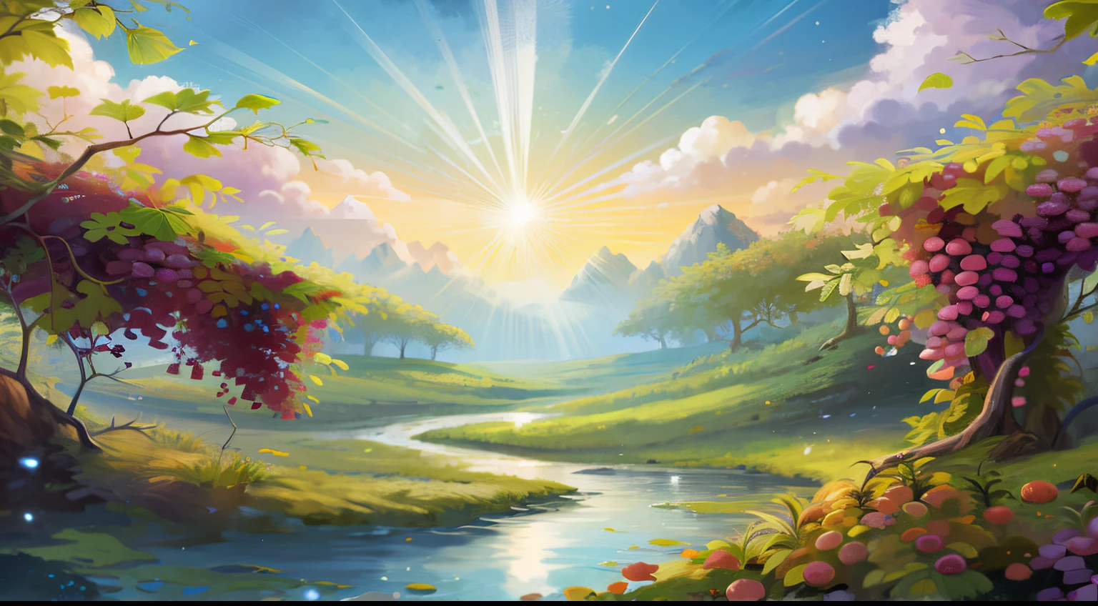 pintura de uma bela paisagem com um riacho e um sol, Arte bonita UHD 4K, pintura de paisagem bonita, Pintura realista de jardim, paisagem de arte realista, Rio do Vinho, paisagem celestial, paisagem brilhante, dream scenery art, arte de fundo, paisagem colorida.