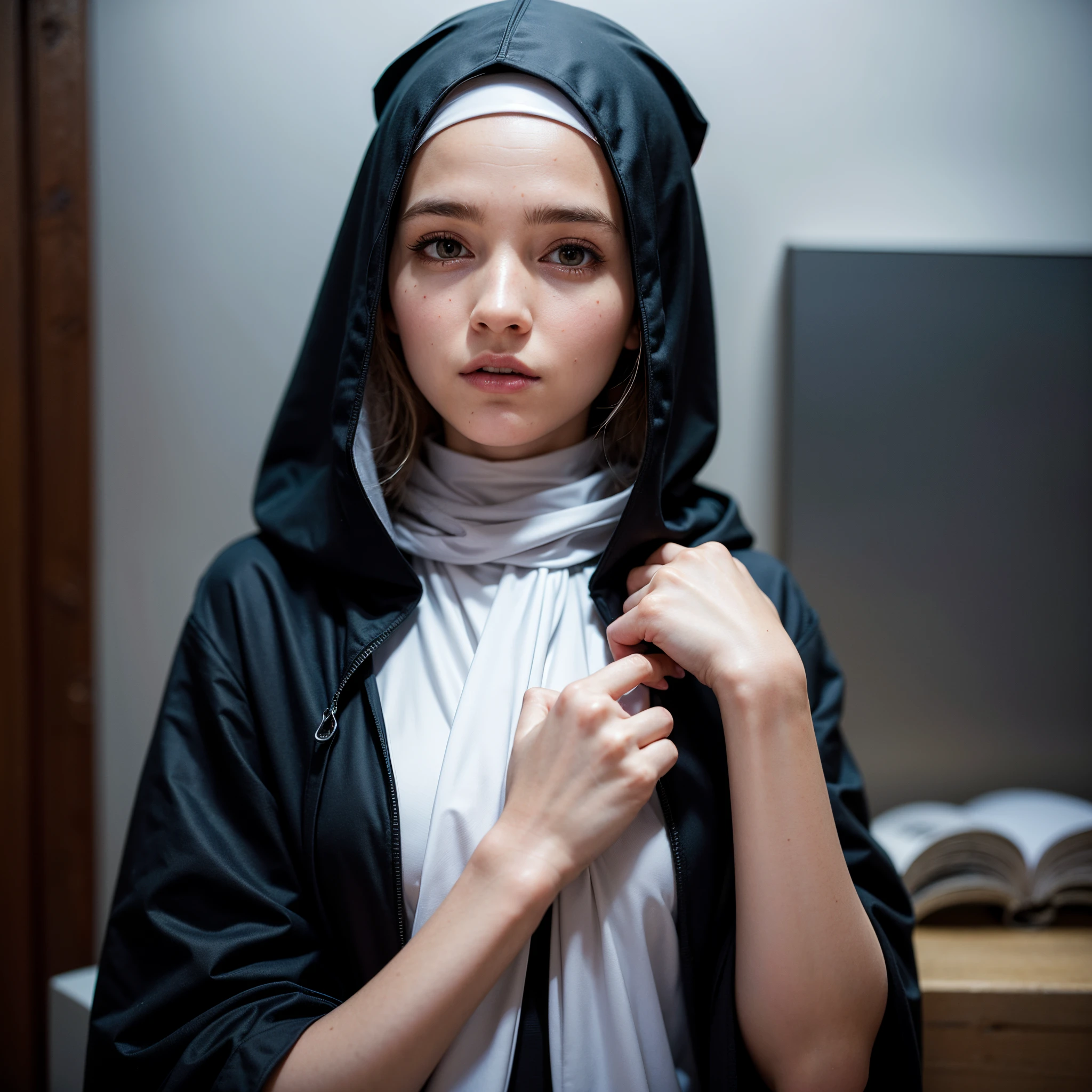 arafed woman in a hooded jacket and scarf in a cottage , nun fashion model, nun fashion model looking up, wojtek fus, alena aenami and artgerm, beautiful maiden, in style of wlop, soft portrait shot 8 k, white hijab, karol bak of emma watson nun, artgerm moody photography, hyperrealistic fantasy art