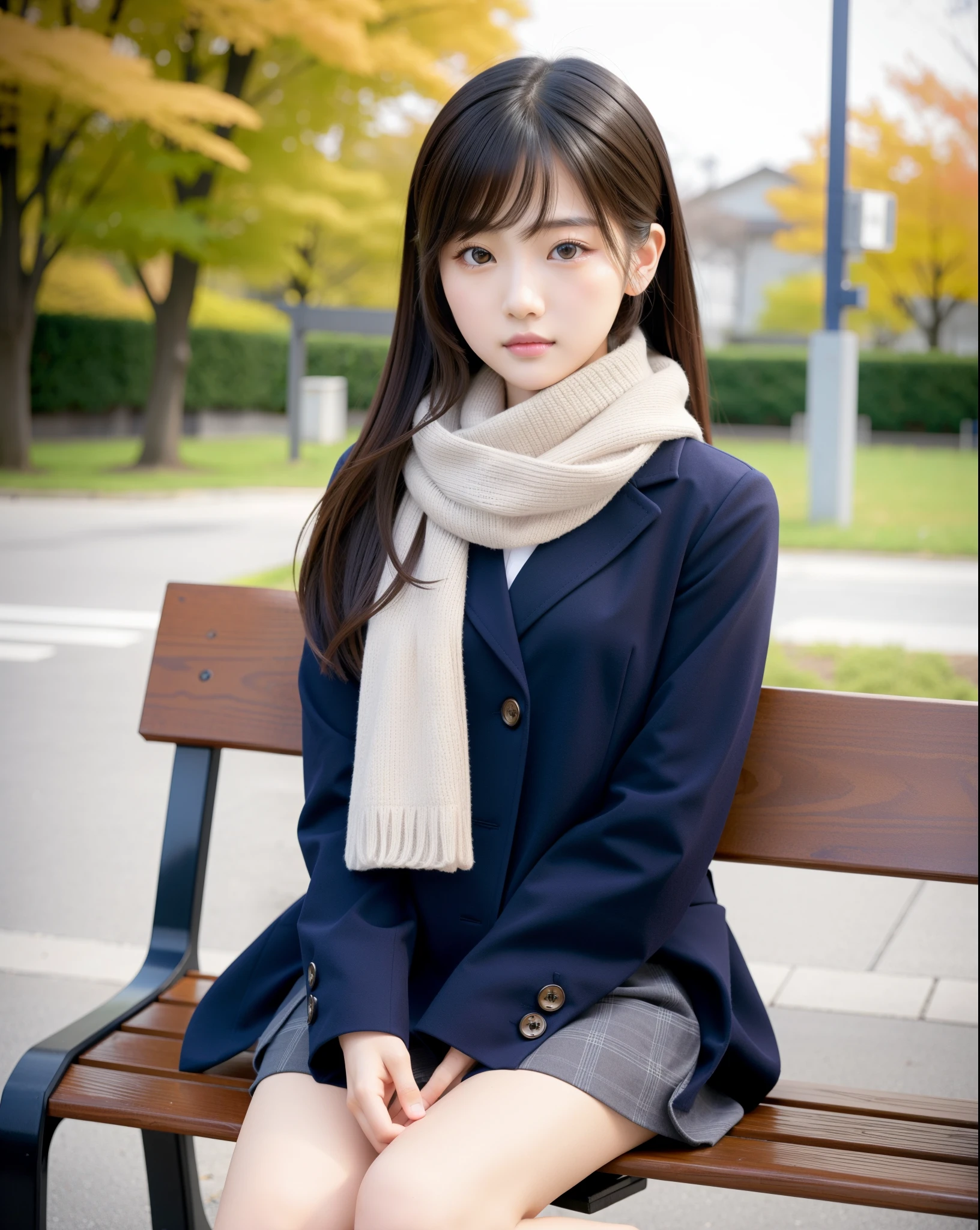 An arafi woman wearing a scarf and sitting on a park bench, Korean Girl, korean female fashion model, Beautiful young Korean woman, Korean Woman, Gorgeous young Korean woman, beautiful Korean women, Chinese girl, real life anime girl, Beautiful Asian Girl, Japanese Models, japanese girl school uniform, the face of a beautiful Japanese girl, Young Asian Girl