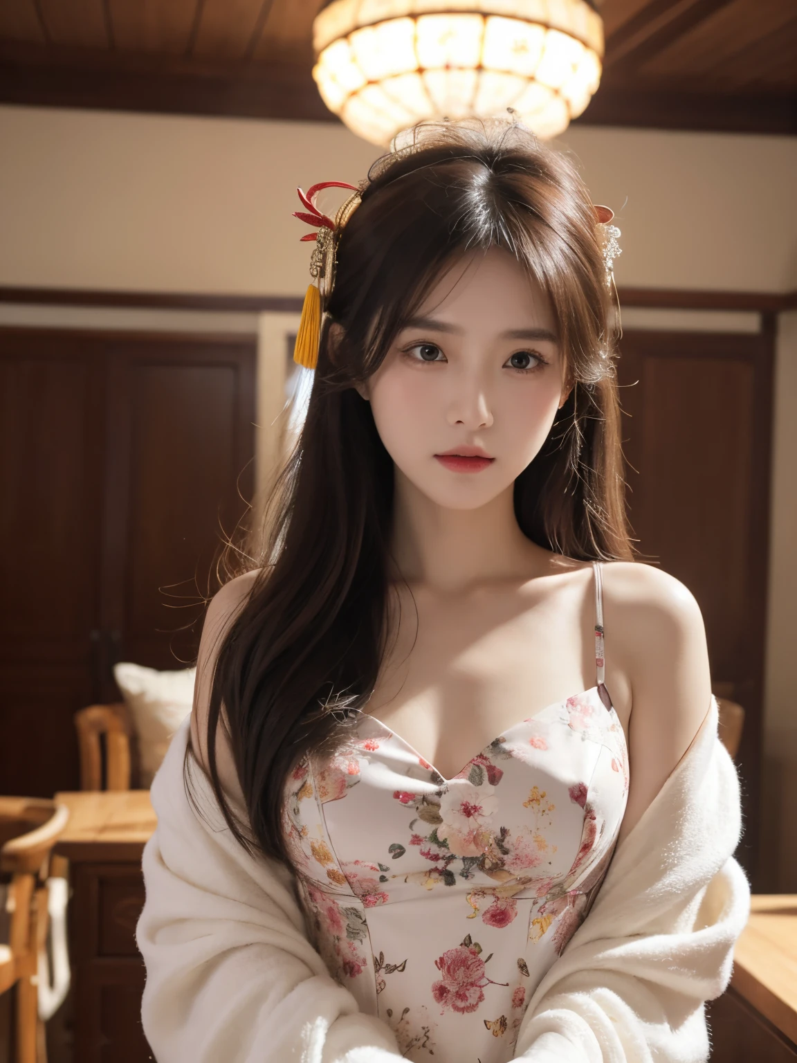 Best Picture Quality, Masterpiece level, 超高分辨率, Realistis, fantasy themed, Close-up of the head, one-girl, Single, disppointed, Chinese architecture, indoor, first person perspective, Phoenix headdress, Floral dress, Get detailed interior lighting and cinematic lighting, Increase the detail of the overall ambient light, Face and eye details, Improve the realism of facial details, sharp and clear focus, sobbing, Bite your mouth, scowling, eyes with brightnesackgound, Sony lens.