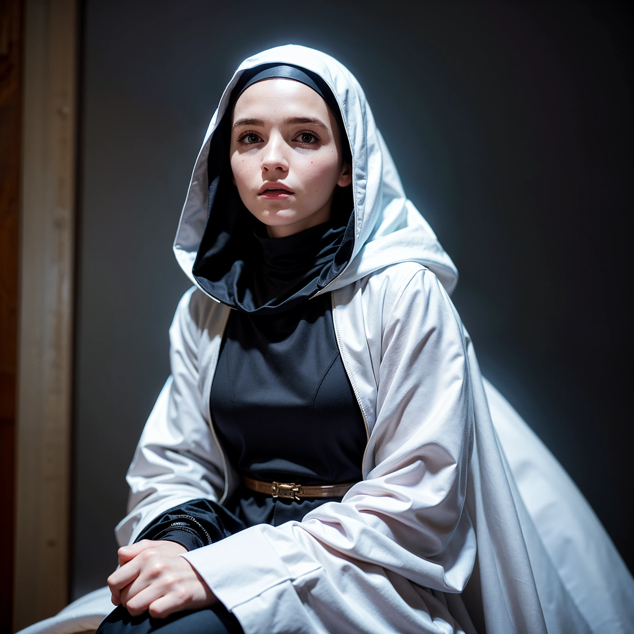 arafed woman in a hooded jacket and scarf in a cottage , nun fashion model, nun fashion model looking up, wojtek fus, alena aenami and artgerm, beautiful maiden, in style of wlop, soft portrait shot 8 k, white hijab, karol bak of emma watson nun, artgerm moody photography, hyperrealistic fantasy art