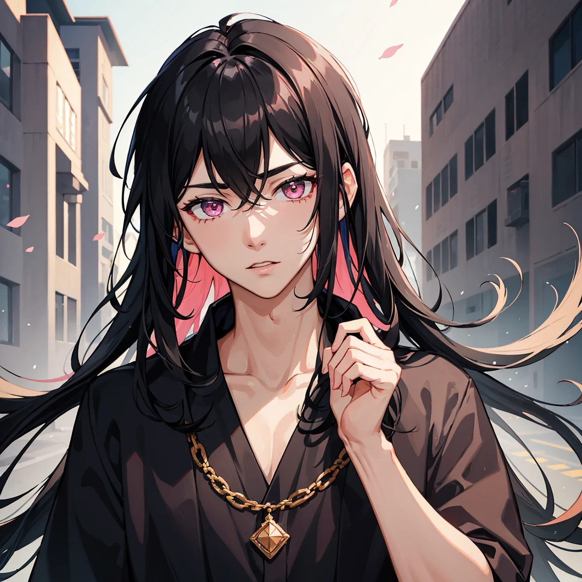 1 boy,black hair,extremely handsome,black hair,pink eyes,tan skin,beauty mark,wearing black robes