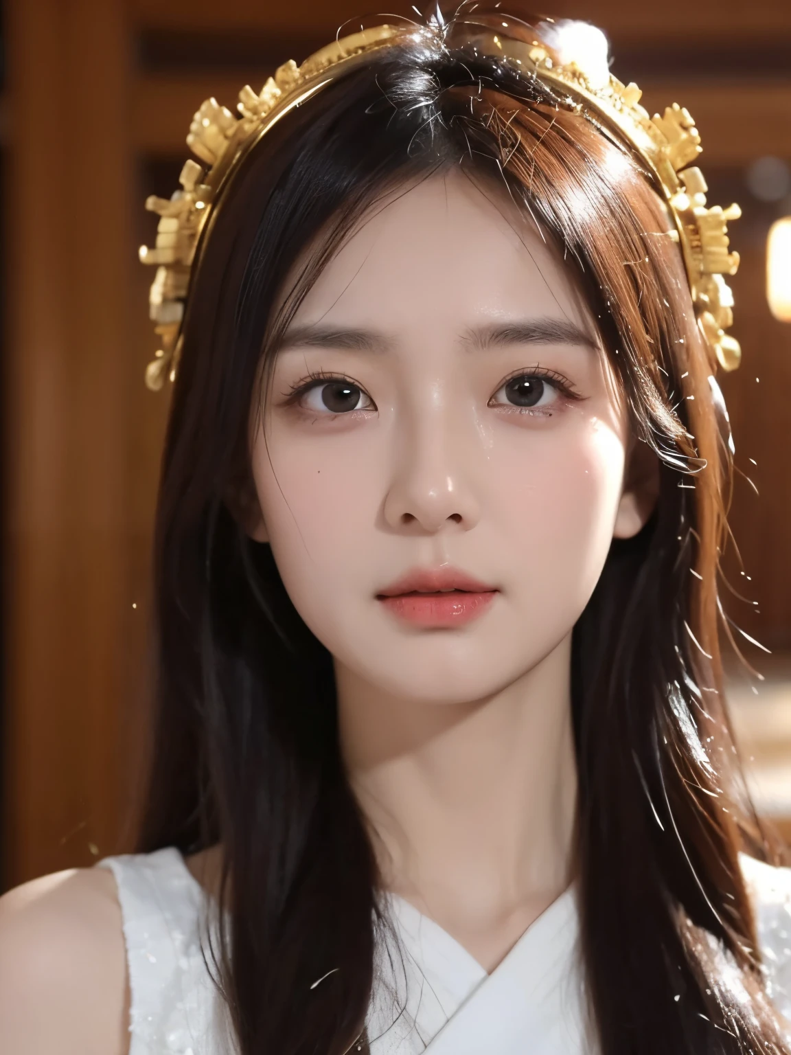 Best Picture Quality, Masterpiece level, 超高分辨率, actual, fantasy themed, Close-up of the head, one-girl, Single, Disappointmentd, Chinese architecture, indoor, first person perspective, Phoenix headdress, Floral dress, Get detailed interior lighting and cinematic lighting, Increase the detail of the overall ambient light, Face and eye details, Improve the realism of facial details, Focus Clear, sobbing, bite your mouth, scowling, Eyes are bright, Sony lens.