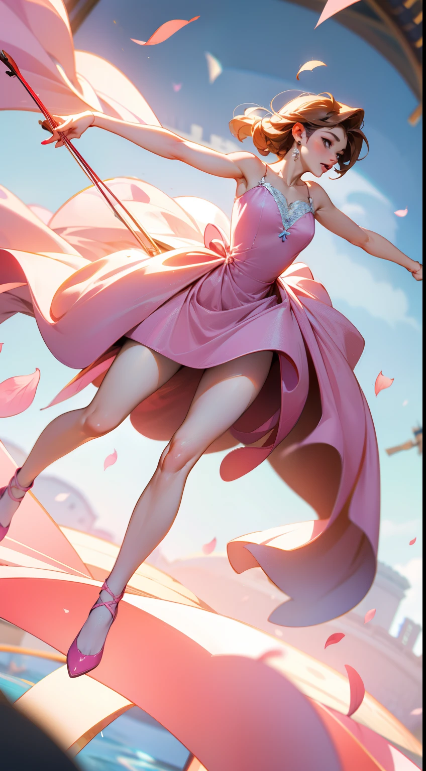 (A girl in a dress is in the air:1.3), playing a violin, (wide shot, wide-angle lens,Panoramic:1.2),super vista, super wide AngleLow Angle shooting, super wide lens, Castle background violinbare shoulderspetalspink dressfrom belowblurry foreground (full body:1.5),(long legs:1.3),