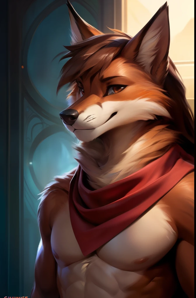 4k, high resolution, best quality, masterpiece, perfect colors, perfect shadows, beautiful and detailed portrait, perfect lighting, posted on e621, (by Chunie, by Einshelm), furry, anthro, furry art, ((portrait)), male fox, red fox, (two-toned fur), furry body black legs from foot to knee,fluffy, fluffy tail, body fur, animal nose,chin fluff, muzzle, Mane,Big fluffy chest tuft, big fluffy neck tuft,fluffy neck, fluffy chest, Lots of fluff, Beautiful brown eyes, fit body, detailed fur, detailed face, ((Bonifasko lighting)), fox tail, (detailed eyes), perfect pupils, Tall, Long brown hair, messy long hair, Fluffy neck, Huge Fox tail, Camo cargo pants, wearing clothes, Arms white, Red bandana on his neck, beard, Red shawl around on his neck with white dots.