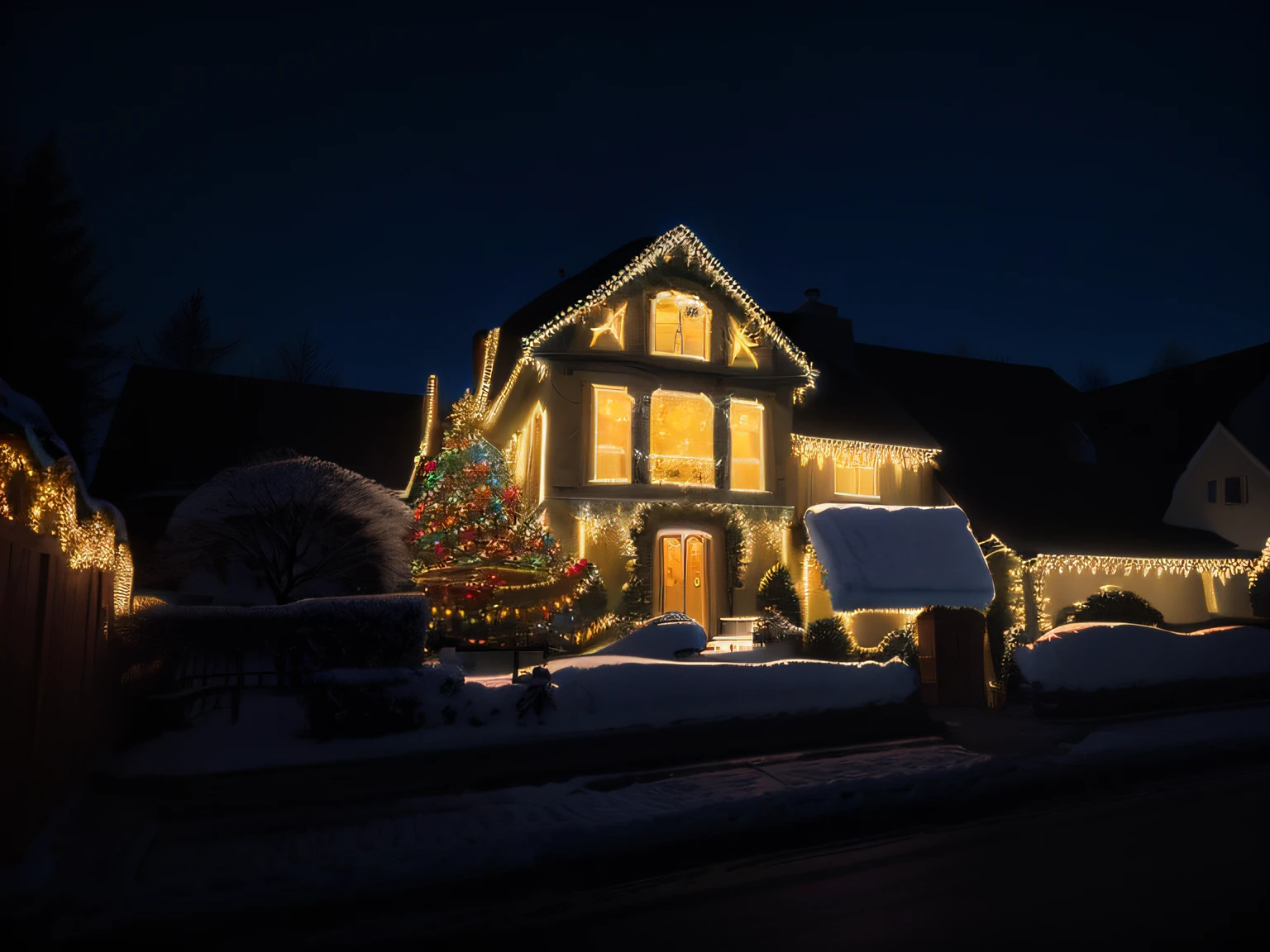 there a house with a lot of lights on it, with glowing lights at night, taken with sony alpha 9, photo taken at night, photo taken with sony a7r, taken with sony a7r camera, at night with lights, captured with sony a3 camera, hight decorated, by Aleksander Gierymski, beatifully lit, (a beautiful, detailed, realistic house),(night time),(vivid colors),(christmas lights),(photorealistic),(beautifully illuminated facade),(festive atmosphere),(cozy and inviting),(warm glow),(finely decorated),(snow-covered roof),(magical ambiance)