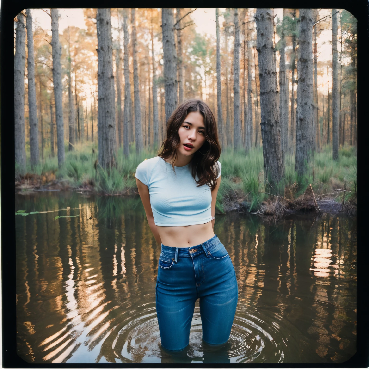 analog style (Photo by Polaroid), the night, woods, Pitch darkness, Tormented by lust, The woman, (drown in a small swamp), Sensually, frankly, emotionally stressful, Jeans, косуха, licks his lips, The swamp pulls her down, Wriggling, Standing in anticipation,, natural lightin, film grains, Shot with the SX-70 single lens., 103 mm, Диафрагма f/14,6