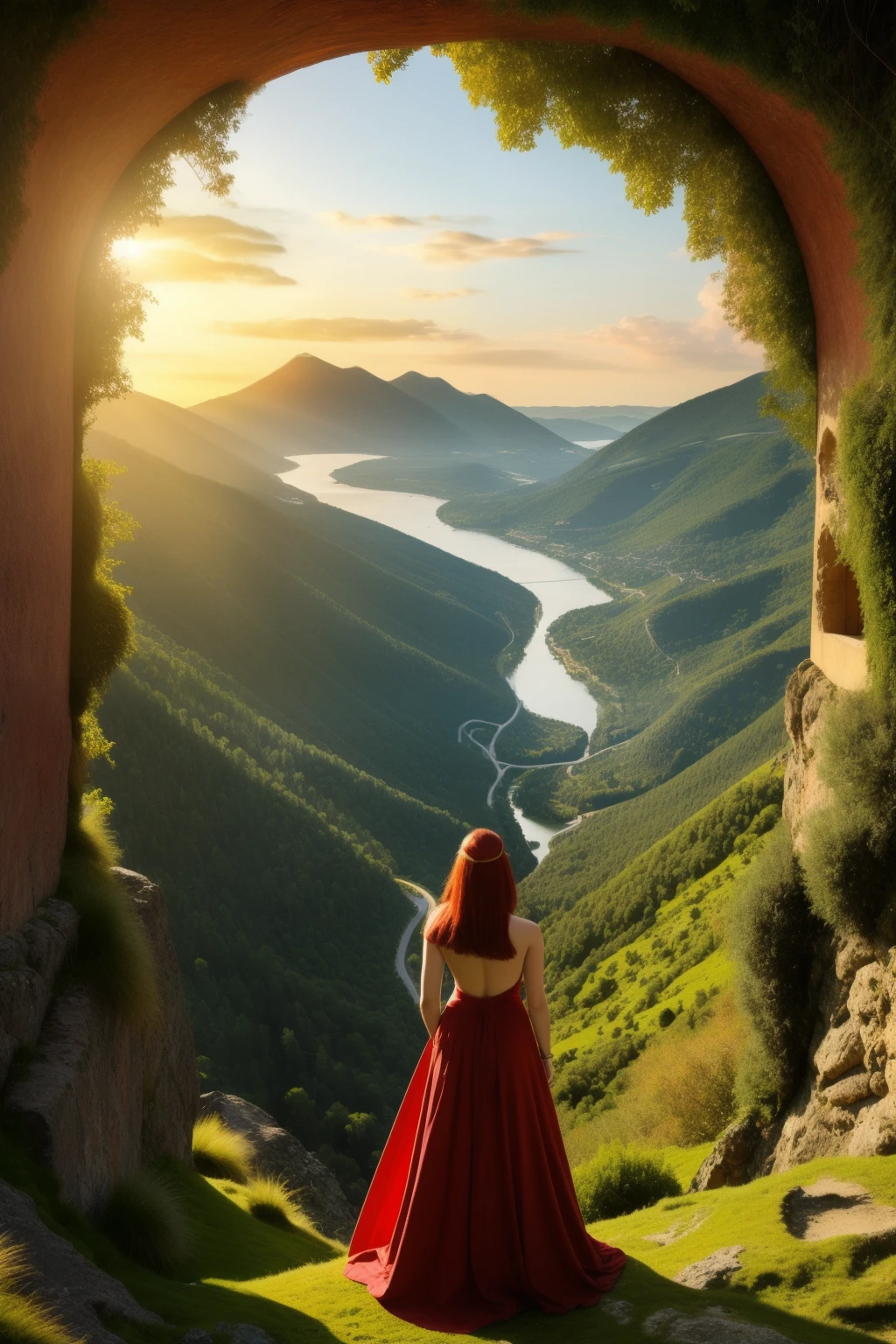 Best quality, masterpiece, super high resolution. A sorceress with red hair stands on a hill and looks into the valley. In the valley you can see the soaring towers of the city, the mountains and the surrounding sea. The islands are full of greenery. Dark style.