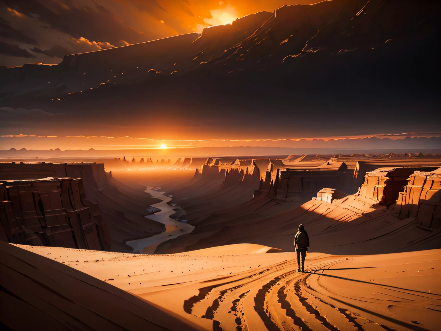 Masterpiece, Dark art, hopeless desert landscape, dull desert, deep canyons and falling sands, dull orange fog, hopeless sunset, dark red sunset
